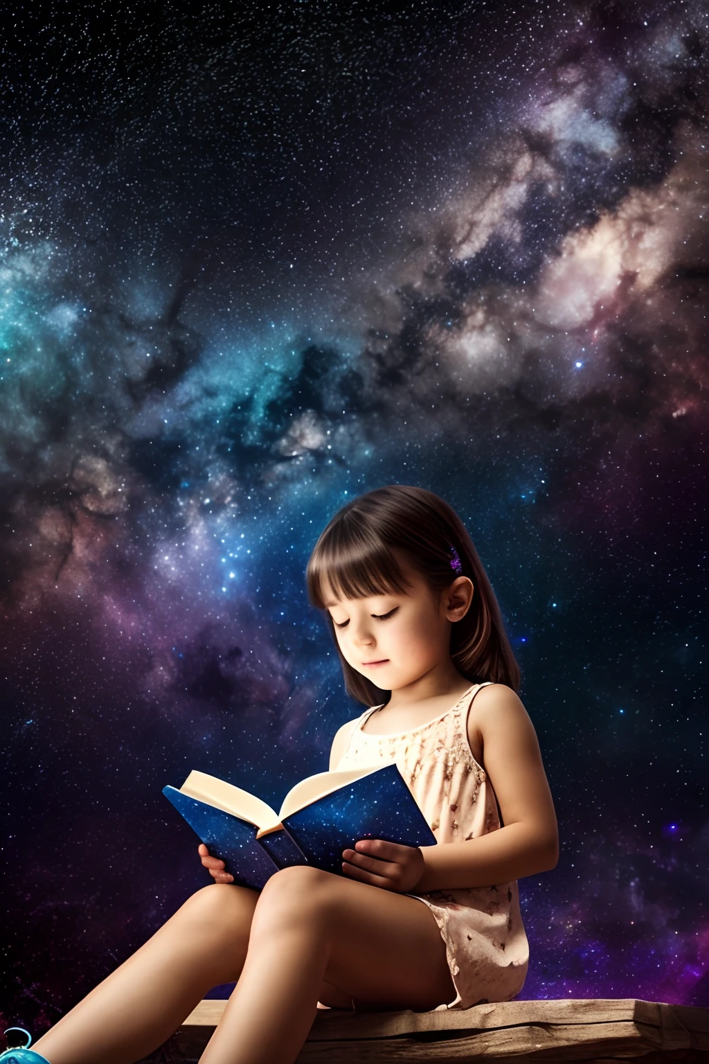 , sitting among the stars and reading a colored shining book, Rainbow background of the sky of the cosmic nebula, Stars, galaxies