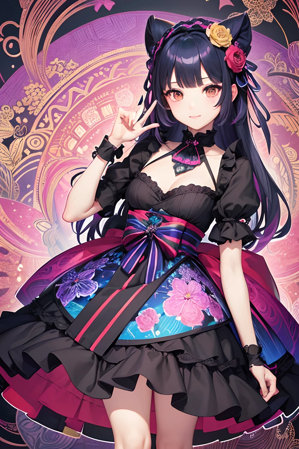 girl with、florals、Gothic lolita、full body Esbian、(rainbow-colored hair、colourful hair、Half blue and half black hair:1.2)、(masutepiece, of the highest quality, Best Quality, Official art, Beauty and aesthetics: 1.2), (1girl in: 1.3), Very detailed, (Fractal Art: 1.2), (Colorful: 1.3), best detailed, (Zentangle: 1.2), (Dynamic Pose), (Abstract background: 1.5), (Traditional clothing: 1.2), (Shiny skin), (Multiple colors: 1.4)