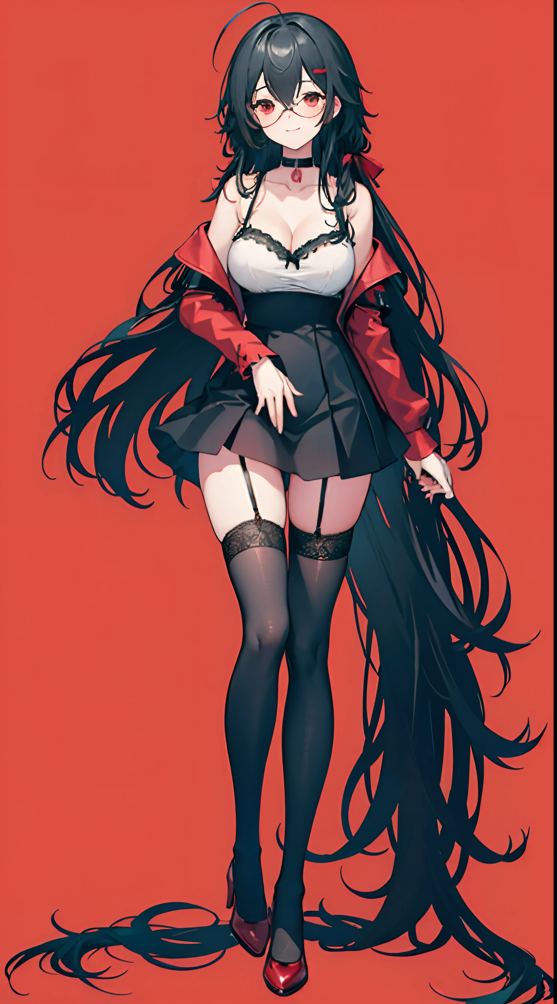 1girl, breasts, dress, red choker, long hair, black hair, solo, thighhighs, official alternate costume, cleavage, red eyes, underwear, choker, red dress, black panties, clothes lift, dress lift, panties, looking at viewer, lace trim, bare shoulders, cocktail dress, hair between eyes, blush, hair ornament, very long hair, lifted by self, collarbone, large breasts, bangs, lace-trimmed legwear, lace, black thighhighs, red footwear, garter straps, full body, ahoge, high heels, thigh gap, smile, standing, one side up, closed mouth, red background, ass visible through thighs, simple background