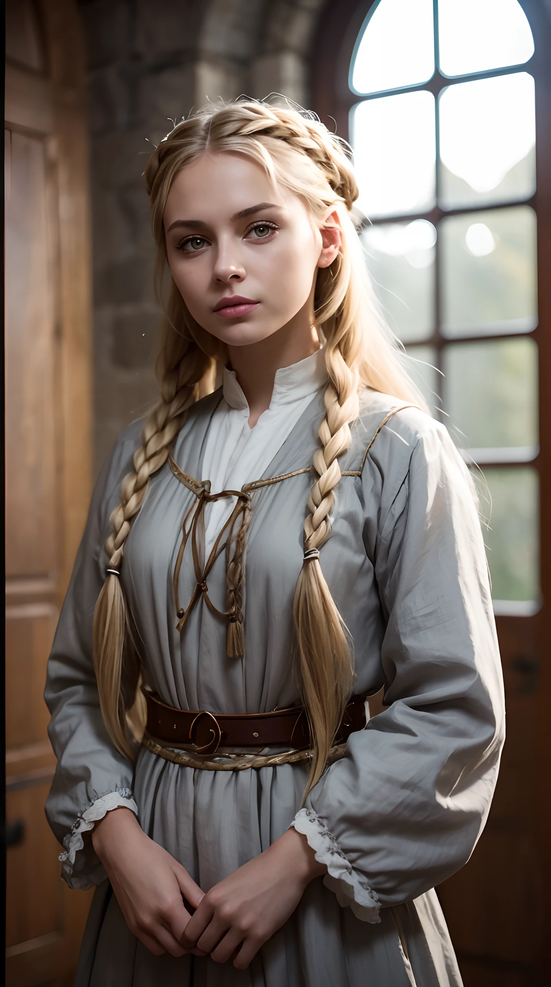 RAW photo, A girl of Slavic appearance, 20years old, Waist-length image in the center of the composition, blond hair, (Long braids), Poor medieval clothes, ((Modest)), Embarrassed, blurred background, 8K UHD, soft-lighting, hiquality, Film grain, Fujifilm XT3
