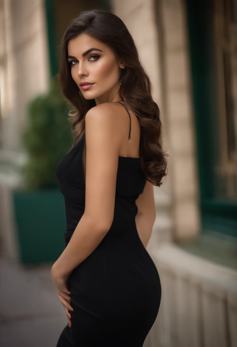 Latino and Swedish Woman, sexy girl with blue eyes, ultra realist, Meticulously detailed, Portrait Sophie Mudd, brown hair and big eyes, selfie of a young woman, London background, black suite, with makeup, natural makeup, looking straight at camera , Face with Artgram, Subtle makeup, Great photo of the whole body the street, in the London, Medium to large bust, in a sexy dress outfit, standing on London park