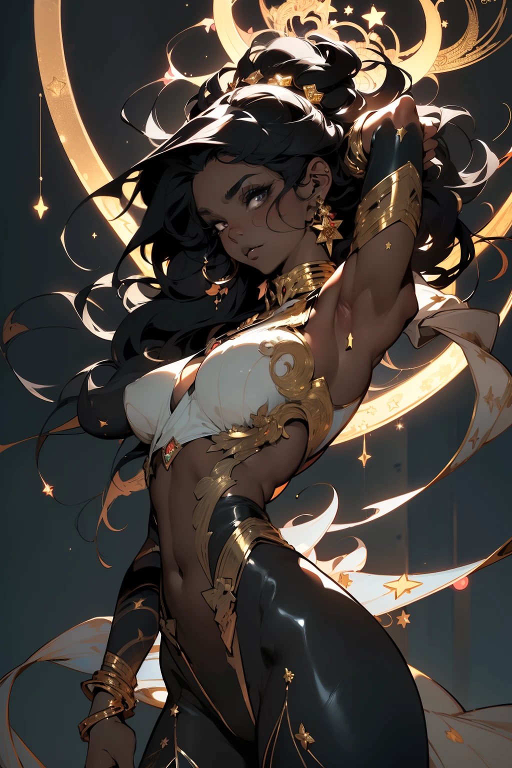 ((Best quality)), ((masterpiece)), (detailed: 1.4), (Absurd), muscular woman of 35 years, black kinetic skin with (((exposed black muscles)))), hot woman, sculptural body with defined muscles, closed mouth, muscular body covered by a micro thong, whole body covered by Genesis evangelion neon style clothing, (((large breasts)), (eyes with heavy and very black makeup), (((unkempt hair)), (stars covering the body), ((drawings of golden stars on the arms)), very long eyelashes, heavy eye makeup, lots of jewelry, by mucha, niji --V5, close to real, psychopath, crazy face, sexy pose, 2 piece clothes, pastel, centered, scale to fit the dimensions