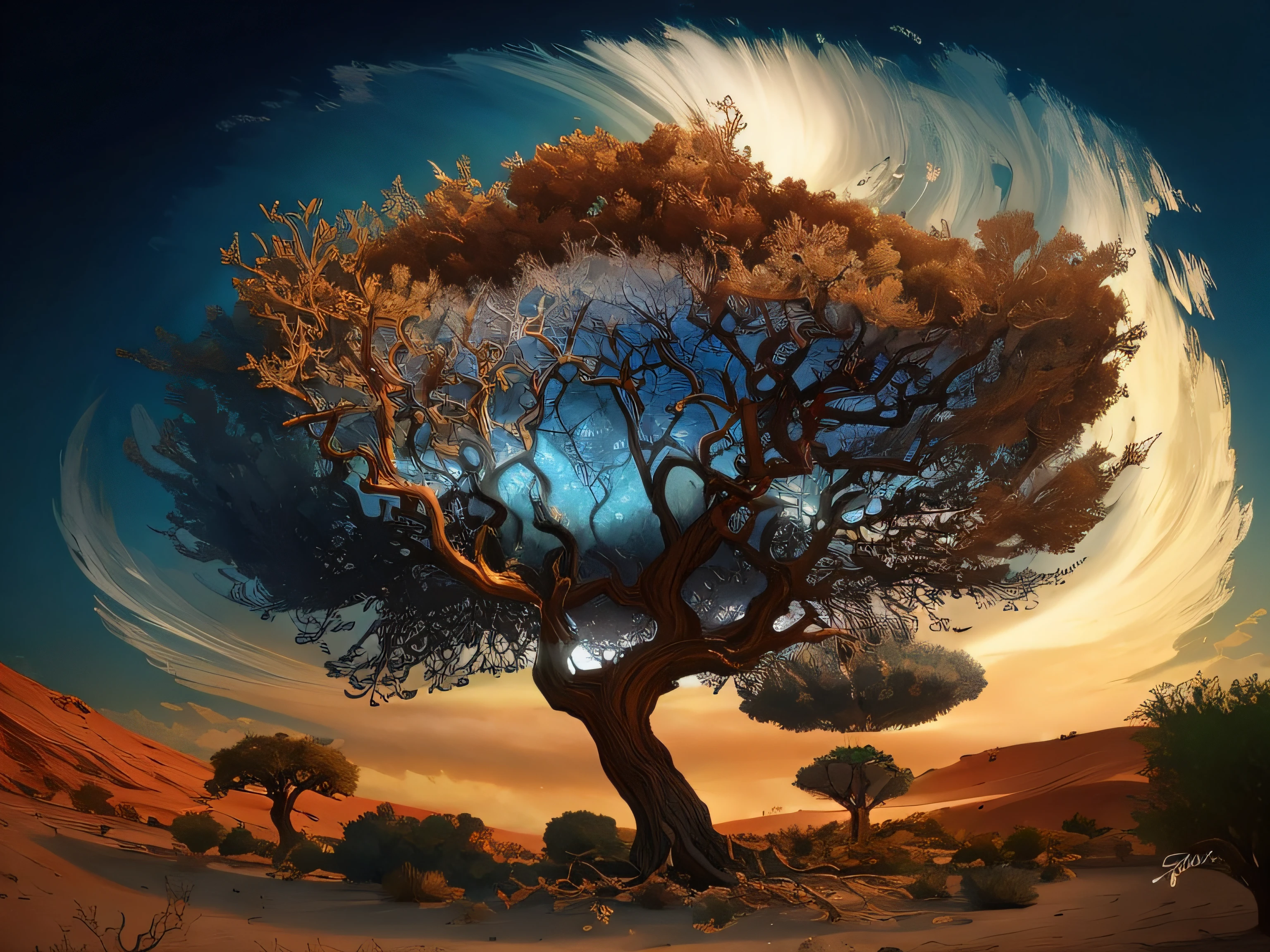 There is a tree that is in the middle of a desert, fantasy tree, Spinning nature magic, breath - taking beautiful trees, breath-taking beautiful trees, bela arte digital, bela arte digital, magic tree, arte digital muito bonita, breathtaking digital art, arte surreal, a beautiful tree, arte digital estilizada, Arte digital surrealista, magic tree