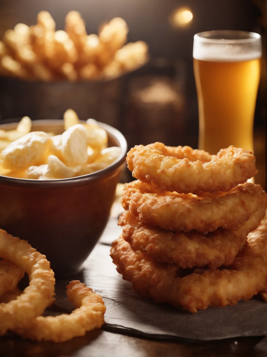 (best quality,4k,8k,highres,masterpiece:1.2),ultra-detailed,(realistic,photorealistic,photo-realistic:1.37),medium shot, detailed fried snacks board, detailed beer glass, cinematic scene, crispy fried dishes, golden brown, fresh out of the fryer, mouthwatering, appetizing, savory aroma, perfectly seasoned, variety of fried snacks, crispy fries, onion rings, mozzarella sticks, cheese balls, crispy chicken wings, crispy calamari rings, beer glass with condensation, frothy beer, amber color, fizzy bubbles, refreshing, pint glass, cinematic lighting, dramatic shadows, warm golden hues, shallow depth of field, elegant composition