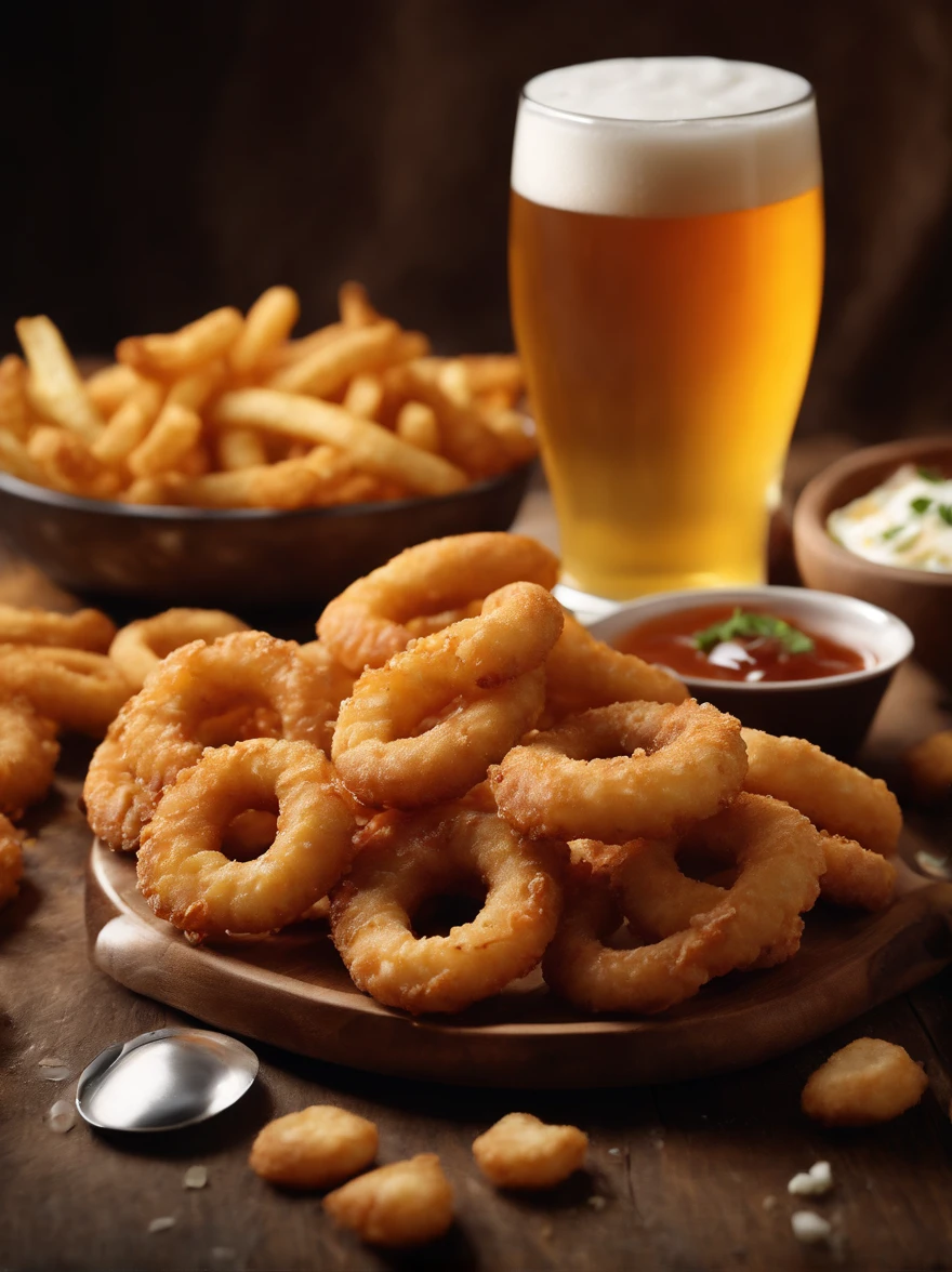 (best quality,4k,8k,highres,masterpiece:1.2),ultra-detailed,(realistic,photorealistic,photo-realistic:1.37),medium shot, detailed fried snacks board, detailed beer glass, cinematic scene, crispy fried dishes, golden brown, fresh out of the fryer, mouthwatering, appetizing, savory aroma, perfectly seasoned, variety of fried snacks, crispy fries, onion rings, mozzarella sticks, cheese balls, crispy chicken wings, crispy calamari rings, beer glass with condensation, frothy beer, amber color, fizzy bubbles, refreshing, pint glass, cinematic lighting, dramatic shadows, warm golden hues, shallow depth of field, elegant composition