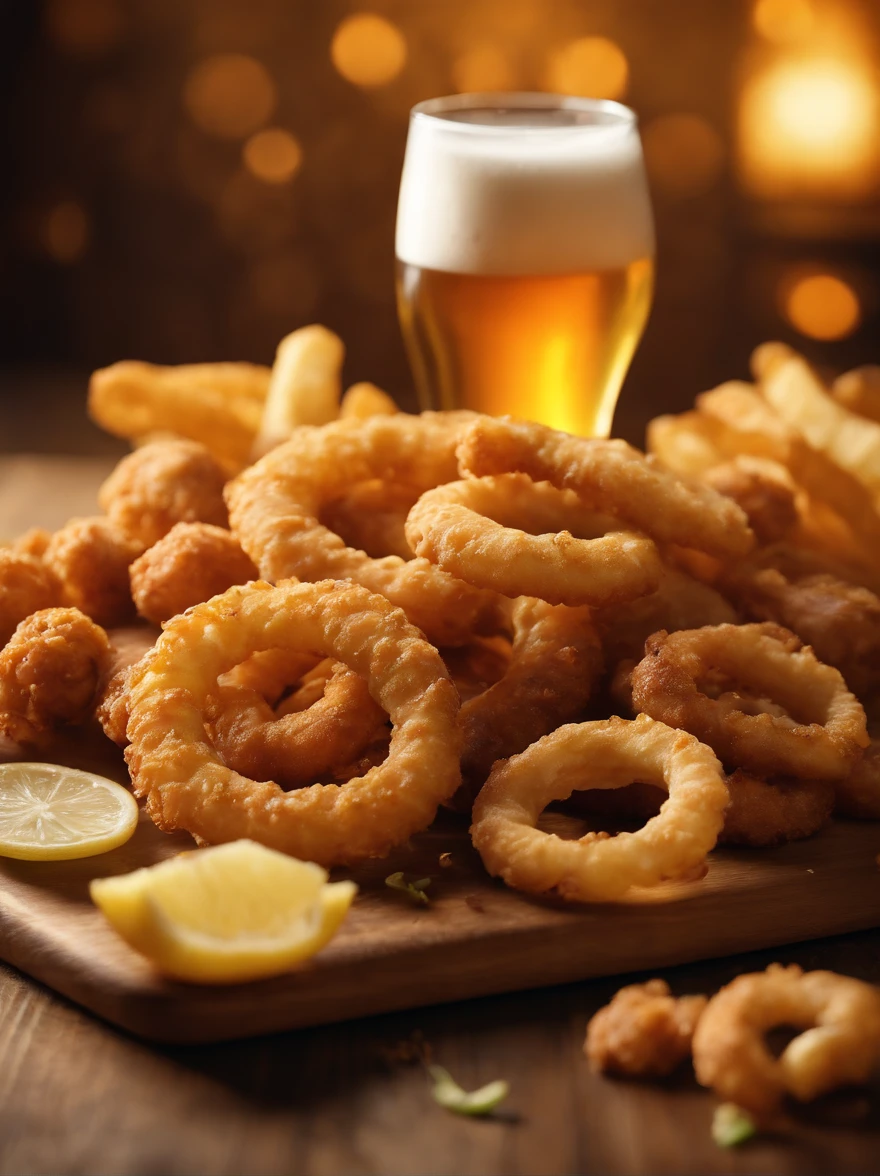 (best quality,4k,8k,highres,masterpiece:1.2),ultra-detailed,(realistic,photorealistic,photo-realistic:1.37),medium shot, detailed fried snacks board, detailed beer glass, cinematic scene, crispy fried dishes, golden brown, fresh out of the fryer, mouthwatering, appetizing, savory aroma, perfectly seasoned, variety of fried snacks, crispy fries, onion rings, mozzarella sticks, cheese balls, crispy chicken wings, crispy calamari rings, beer glass with condensation, frothy beer, amber color, fizzy bubbles, refreshing, pint glass, cinematic lighting, dramatic shadows, warm golden hues, shallow depth of field, elegant composition