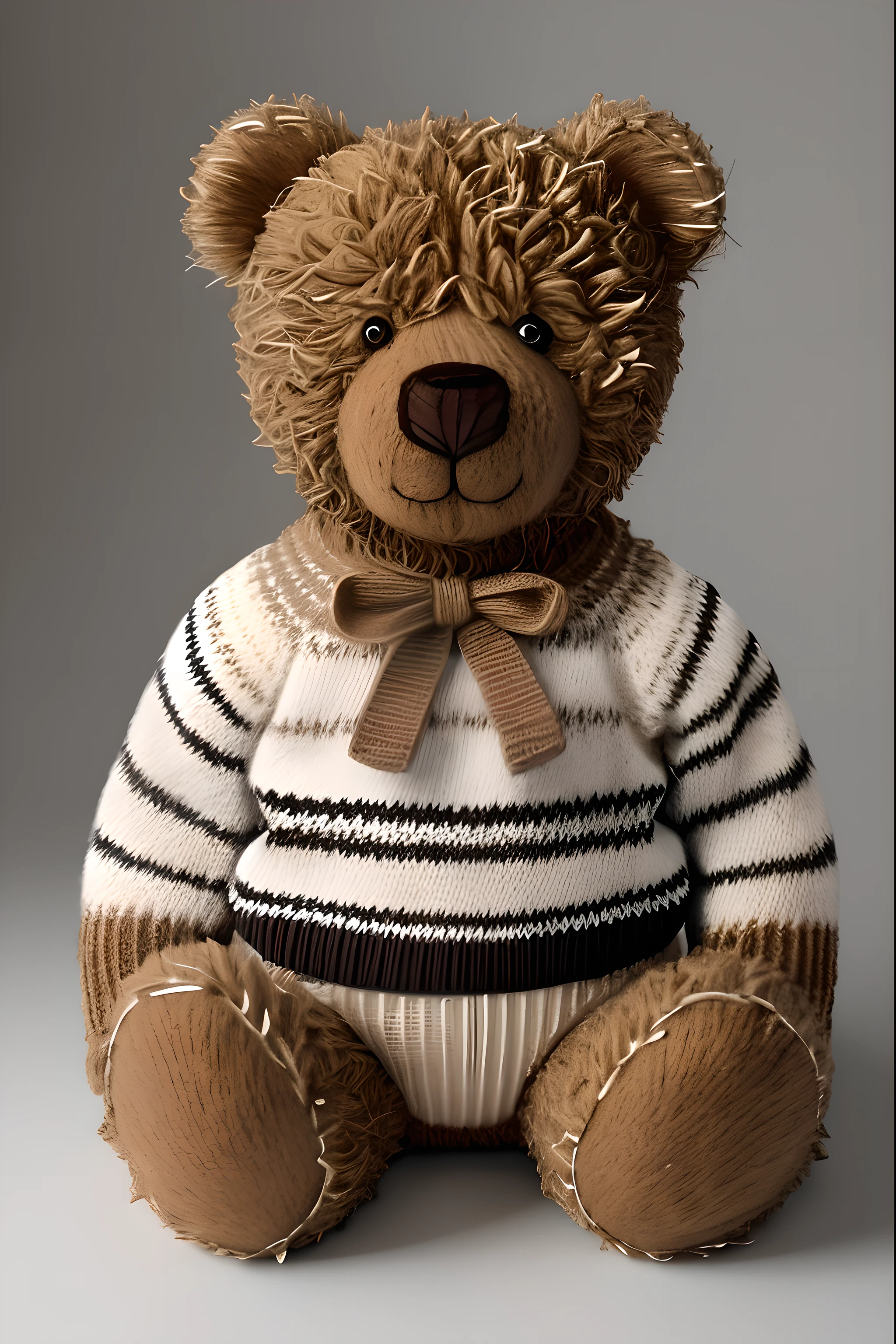 Create a professional studio image of a teddy bear. The teddy bear stands and wears a striped knitted sweater. Do not include a background in the image. The lighting must be extremely produced to highlight all the details of the teddy bear, enhancing your texture, colors and the pattern of the knitting sweater. The image should capture the cuteness and charm of the teddy bear with maximum quality.