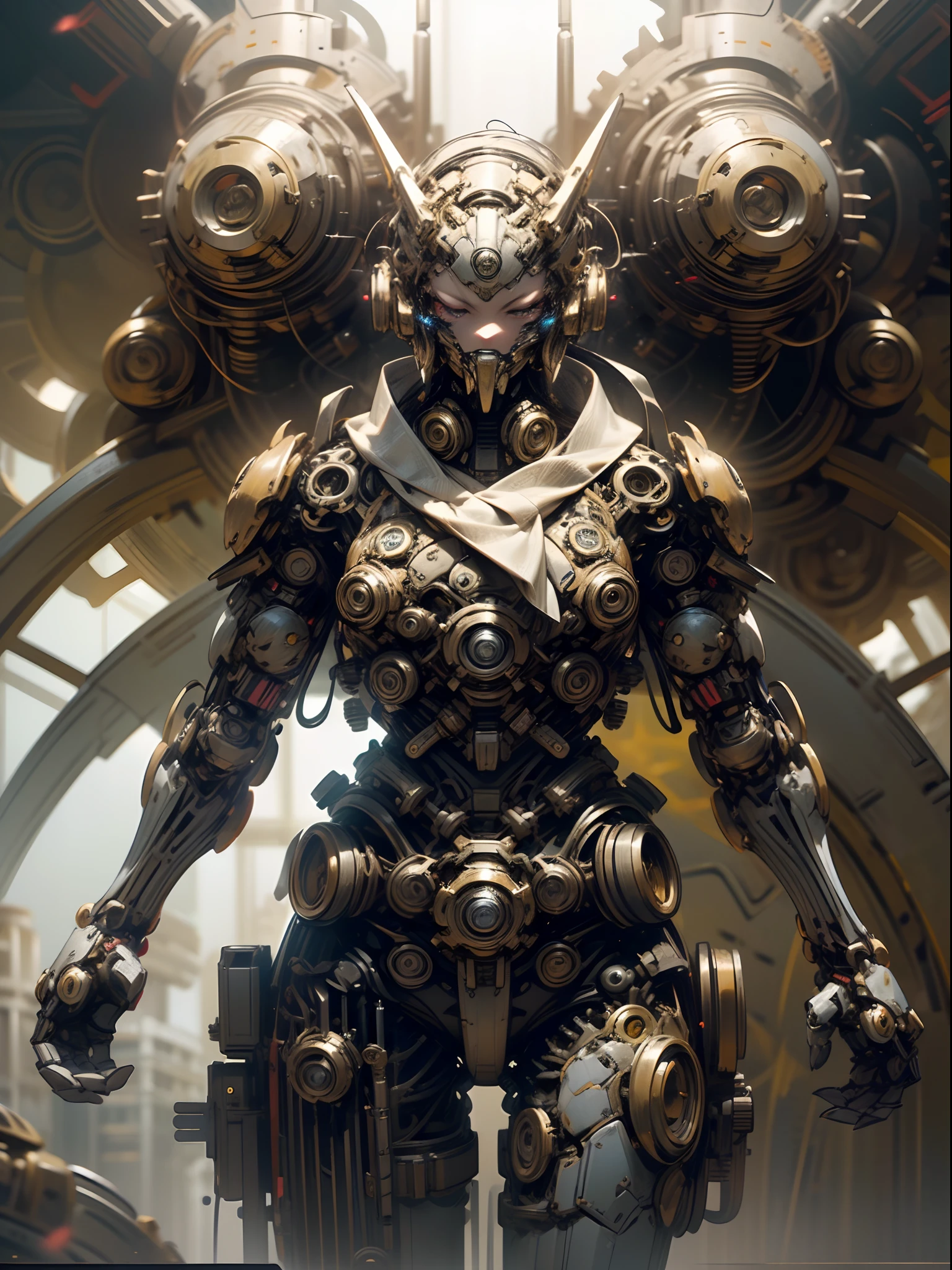 Mechanical steampunk mecha girl, made from mechanical parts, (mecha body), (mecha limbs), gears and cogs, ((detailed face)), insane detail, ((dynamic pose)), (facing camera), cowboy shot, cinematic lighting, steampunk background.
