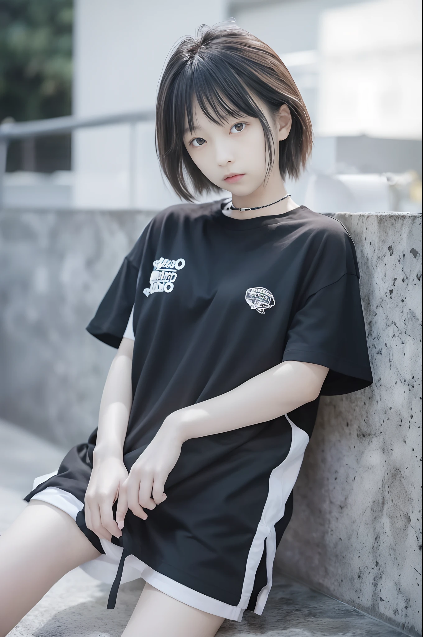 photographed:Araki Shigenobu, 「22」and cool black and white t-shirt with Japan age girl in it, background ad text says: 「September 22」, high detailing, 8K, Street Night Pool Swimming, high details, FUJIFILM New RX、Teenshort cut girl is in the pool at night