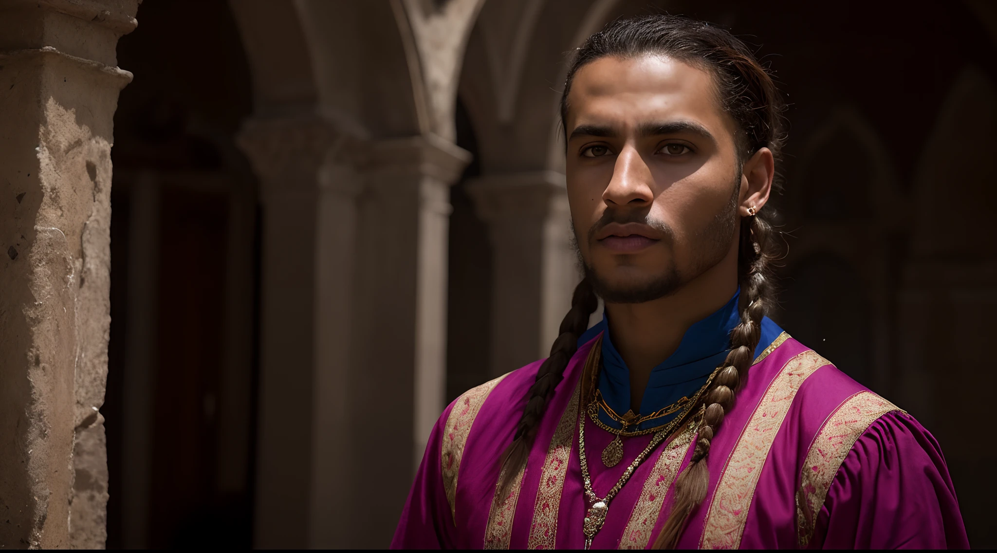 Close up Retrato de um jovem de 22 anos confiante Blasian Dark-Skin Medieval Fantasy Nobleman Warrior, almond-shaped eyes, Beautiful hazelnut eyes, cabelos muito longos, plaits , chin strap beard, olhar intenso e feroz, firm expression, atletic, Rich traditional costume of noble clothes of North Africa, In a North African fantasy palace, (Backlighting), Realistic, master part, extremely high quality, Reflexo da lente, sombra, florescer,olhando para frente [[chromatic aberration]], Directed by: Jeremy Lipking, Directed by: Anthony J. Manzanedo, Pintura digital,8k,profeta antigo,personagem biblico,de corpo todo