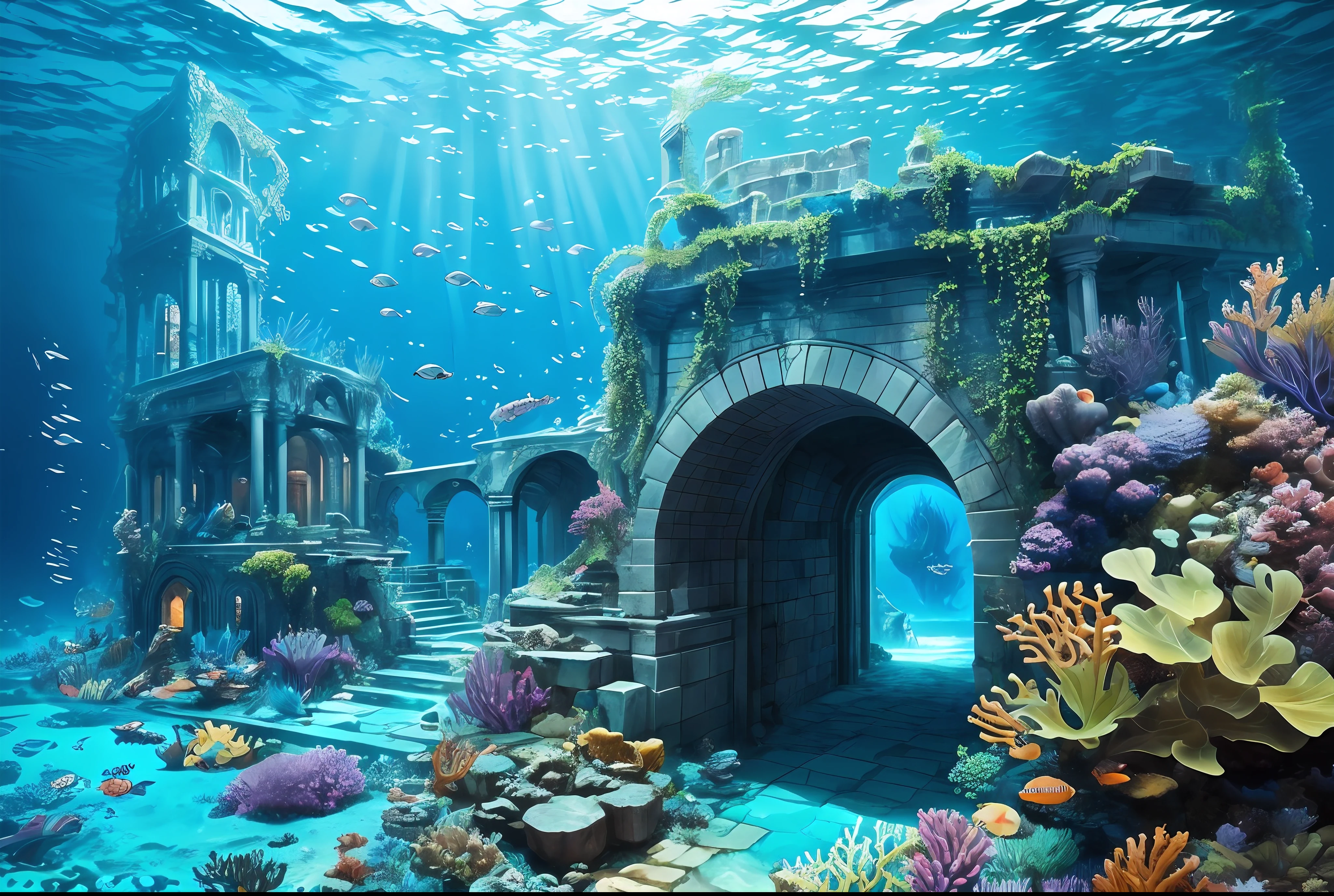 Underwater world Atlantis, deep sea, epic reality, (hdr: 1.4), dappled sunlight, cool colors, ancient ruins, ocean-type houses full of design sense, fantastic and incredible, epic composition, (complex Detail), (Complicated Detail, Ultra Detail: 1.2), Art Station, (Masterpiece, Best Quality) --v 6