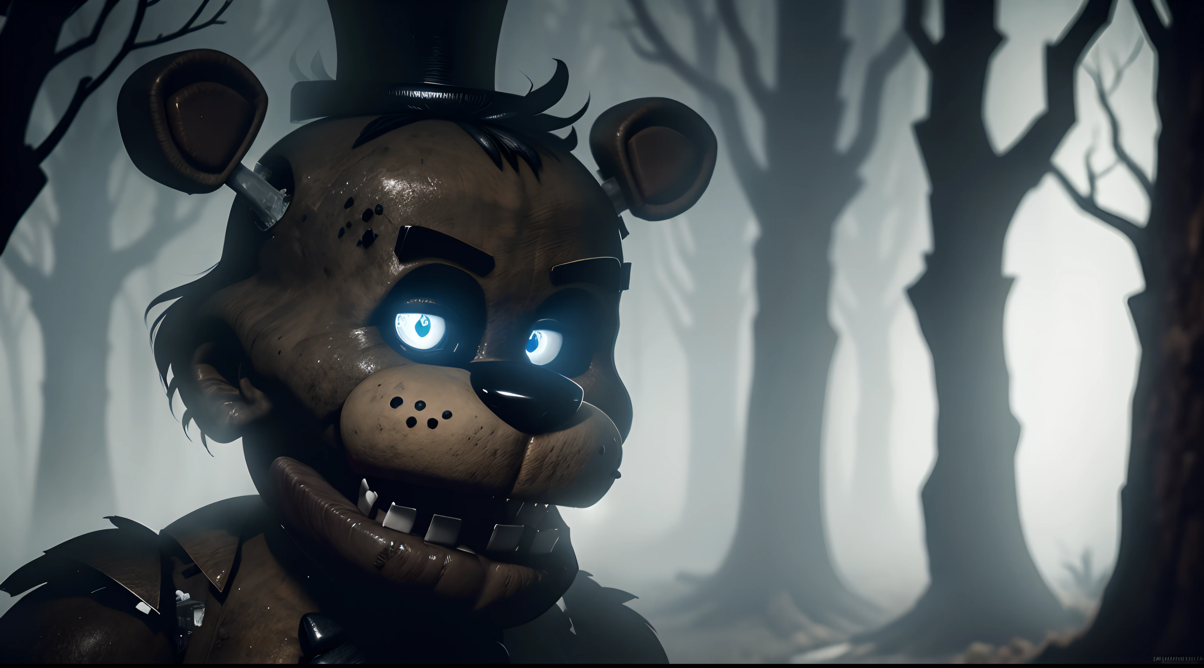 a,dark,forest,freddy fazbear,epic scene,freddy fazbear focus,up close angle,horror,haunting,ominous,spooky,menacing,foggy,misty,creepy atmosphere,mysterious shadows,majestic trees,twisted branches,glowing eyes,menacing grin,sharp teeth,creaking sound of branches,ominous whispers,gloomy lighting,dark silhouette,misty atmosphere,nightmare,pitch black,chilling,haunted,nighttime,unsettling,unforgiving,terrifying. (best quality,4k,8k,highres,masterpiece:1.2),ultra-detailed,(realistic,photorealistic,photo-realistic:1.37),HDR,UHD,studio lighting,ultra-fine painting,sharp focus,physically-based rendering,extreme detail description,professional,vivid colors,bokeh,horror,grim,foreboding,monstrous,unnerving,wilderness,nightmarish,dreadful,macabre,nightfall,spine-tingling,phantasmagoric,terrifyingly beautiful,wicked,dank,dread-filled,ghastly,dreary,oppressive,dismal,horrendous,formidable.