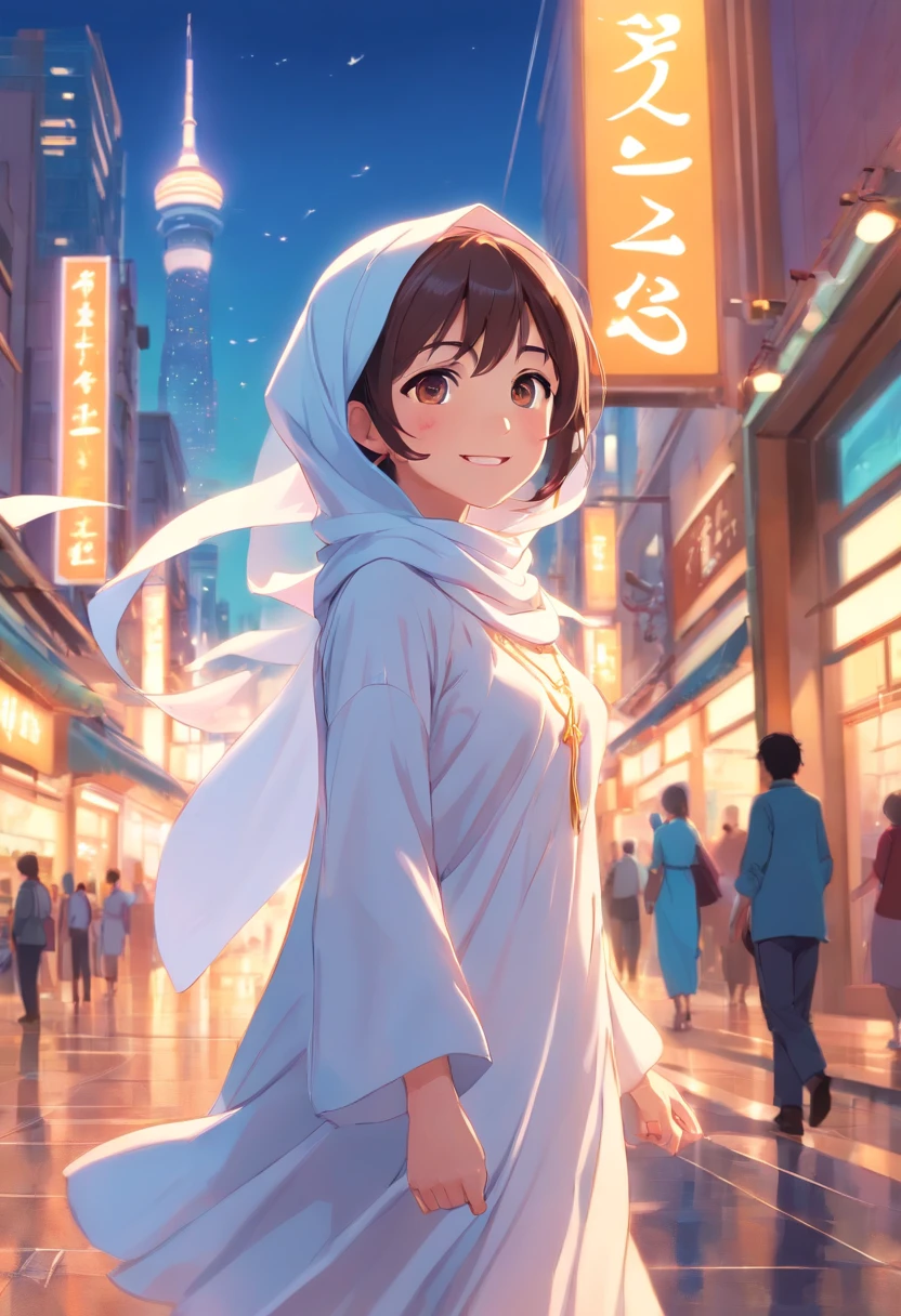 top-quality、​masterpiece、8K、malay girl in hijab and white dress（long、A smile）、low angles、Floating in the air、foco nítido:1.2.