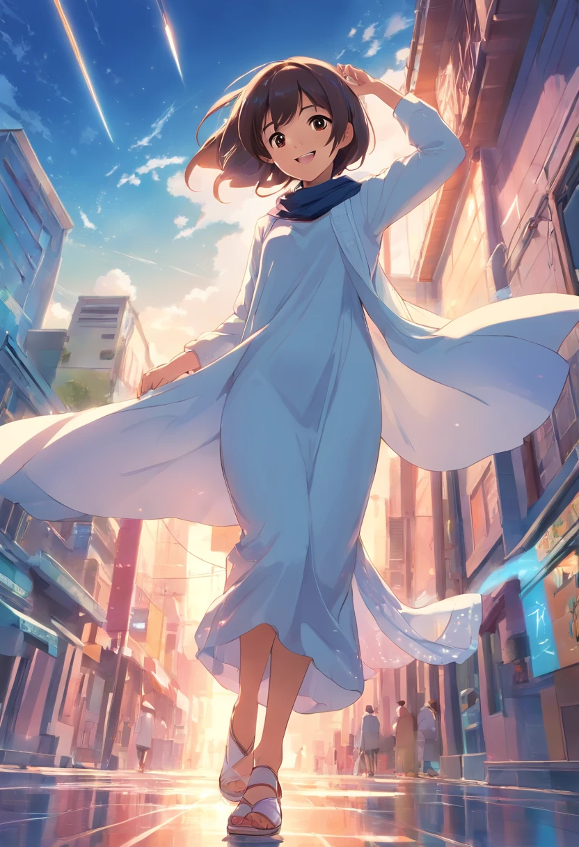 top-quality、masterpiece、8K、malay girl in hijab and white dress(long、A smile)、low angles、Floating in the air、foco nítido:1.2.