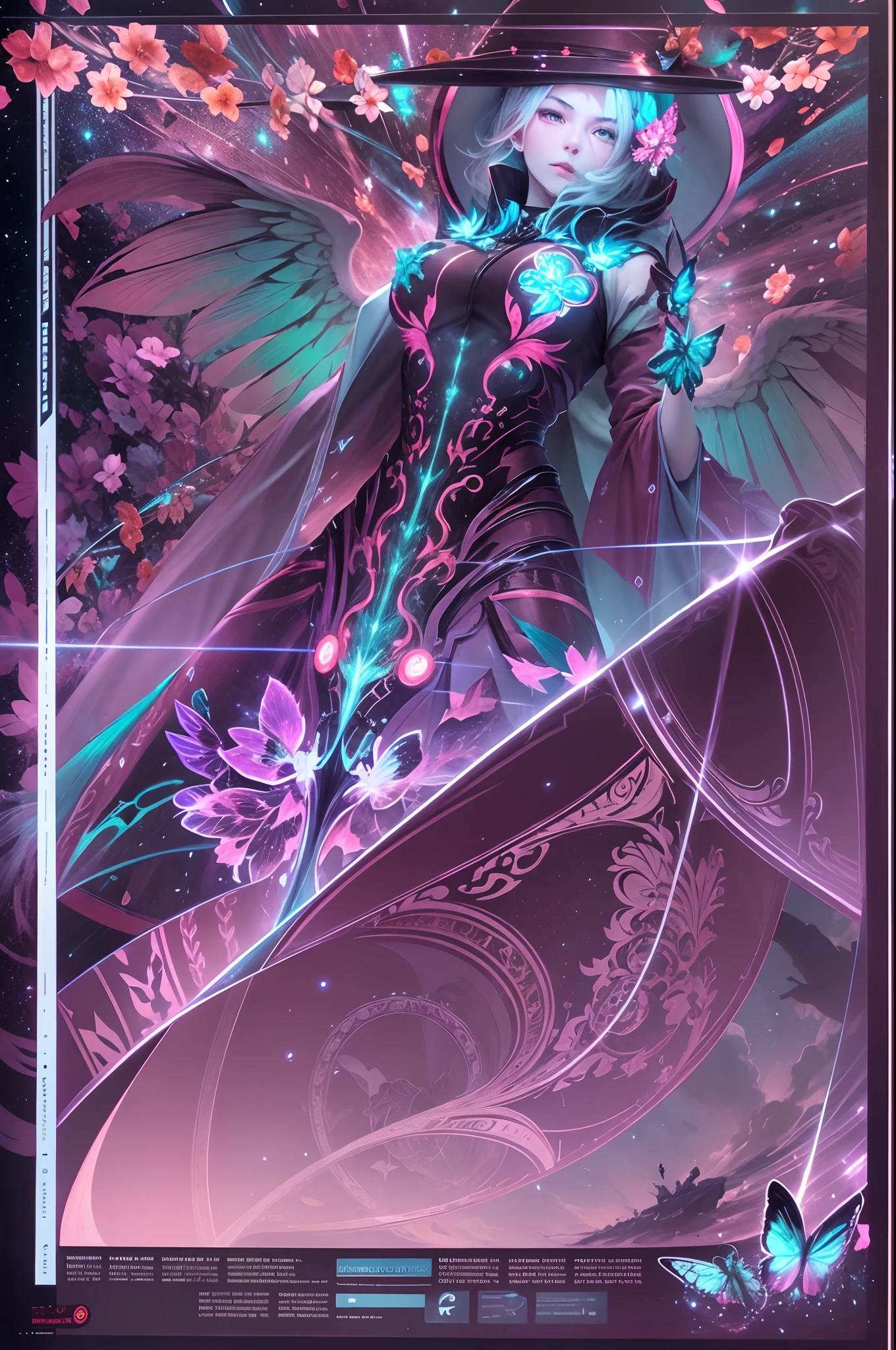 absurderes , hight resolution, ultra-detailliert, (1girl in:1.3), BREAK, Fantastic Dresses, Hats, BREAK, Light persona, Dark Persona, mind control, fractral, Full body, ceiling, Artistic background, Blue bioluminescence, Geometric, organics, blessings, favor, exalted, exalted, noble, unfolded, elucidation, Anti-gravity, Antimatter, Guardian Angel, holy, Sacred, spiritual, Dignified, Red bioluminescence, flower, Holographic wings, About Magic Circle, photons, butterfly, scales, Galaxy, Beak,