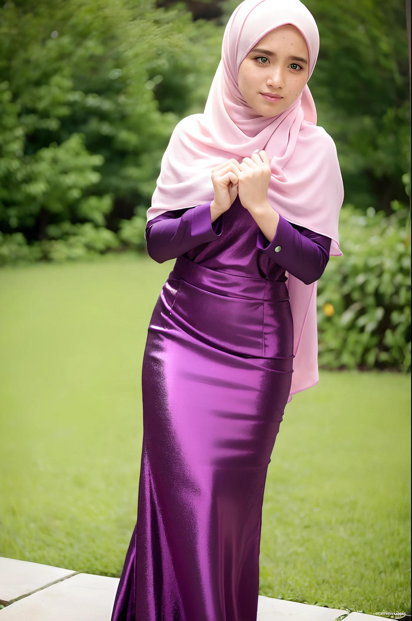 wanita cantik memakai hijab, rok panjang, di taman penuh bunga, (photography, realistic, bokeh, blur),