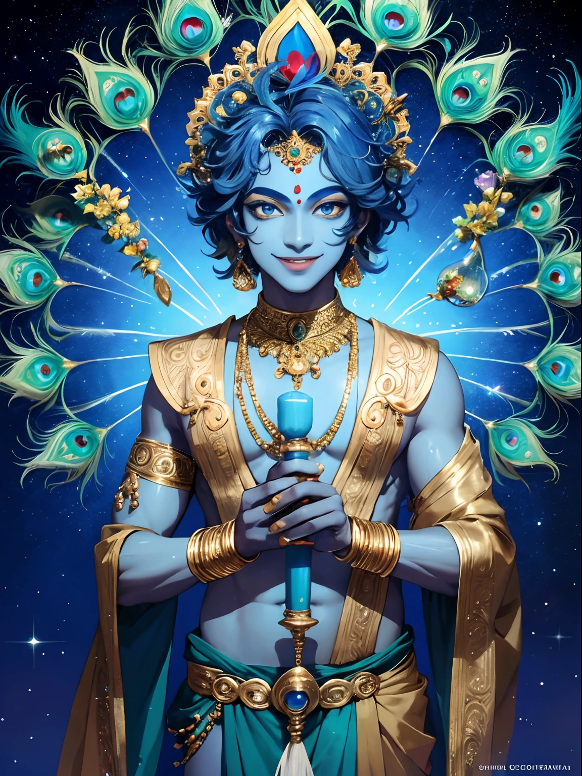 Krishna , loving man , beautiful glitter eyes , blue skin tone , smiling , divine nature, holding flutes in his hands, peacock feather on head.