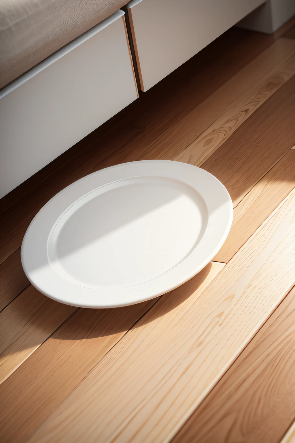White ceramic plate on wooden floor on floor