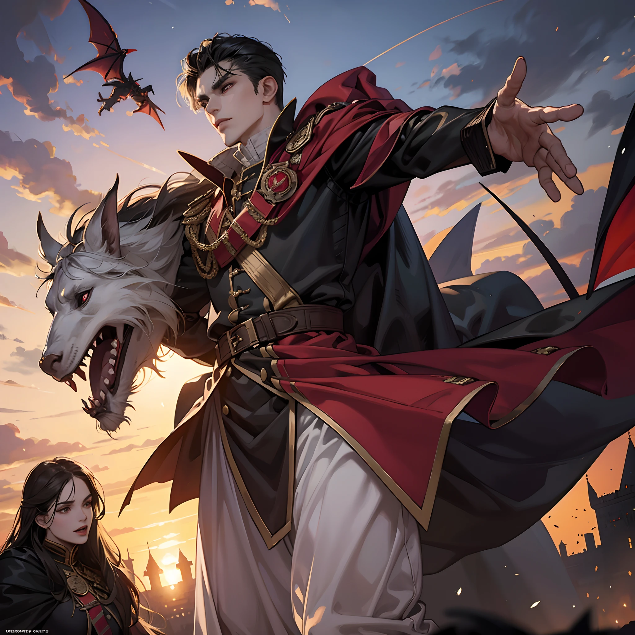 Lord Dracula leading troops army of demons surrounding great Legendary Moroccan castle hyper realistic super detailed faces hyper realistic super detailed poses