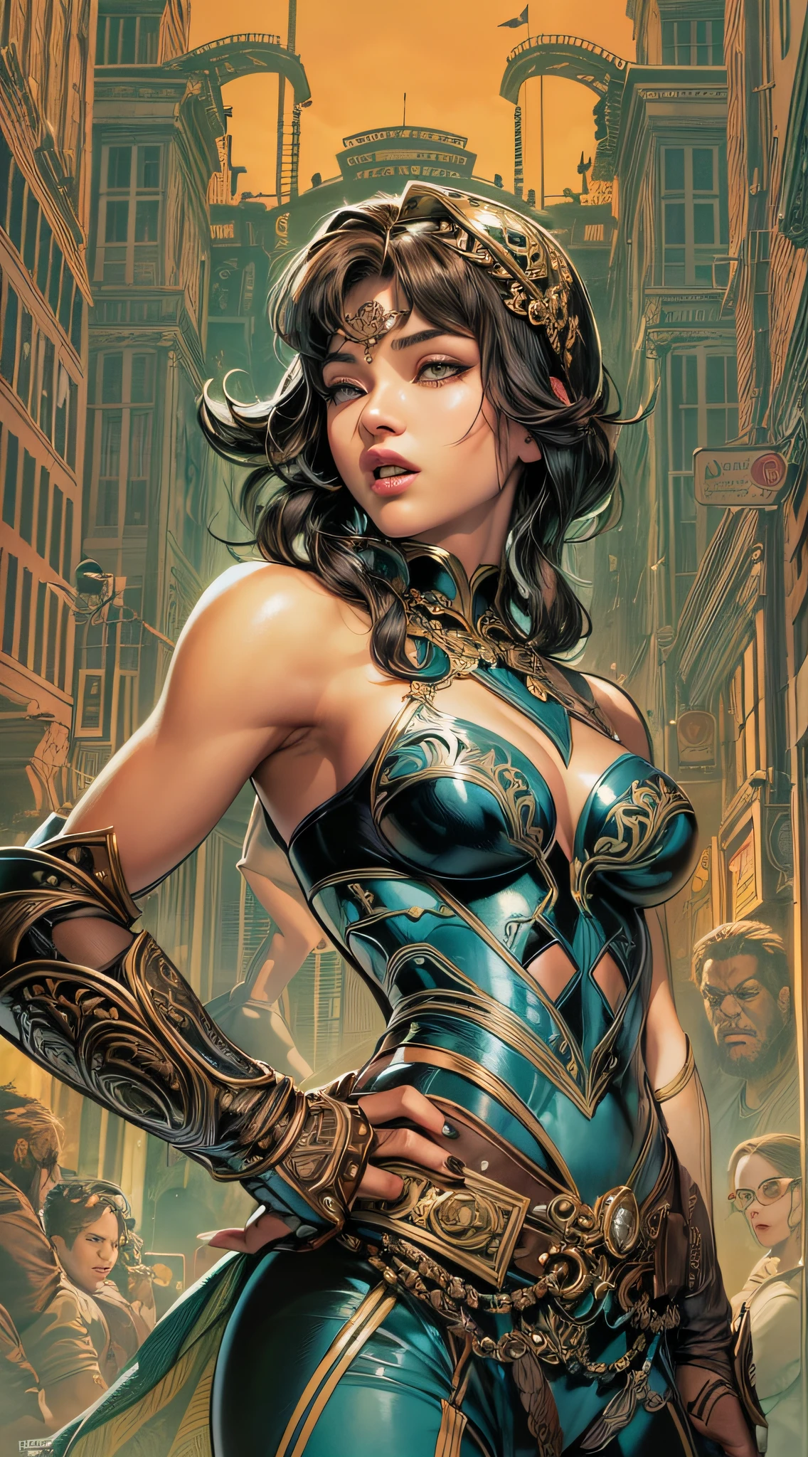 A comics-style portrayal with influences from Adam Hughes, featuring a confident girl adorned in ornate armor, vibrant and bold colors, playful expression, dynamic lighting, action-packed atmosphere --v 5 --stylize 1000