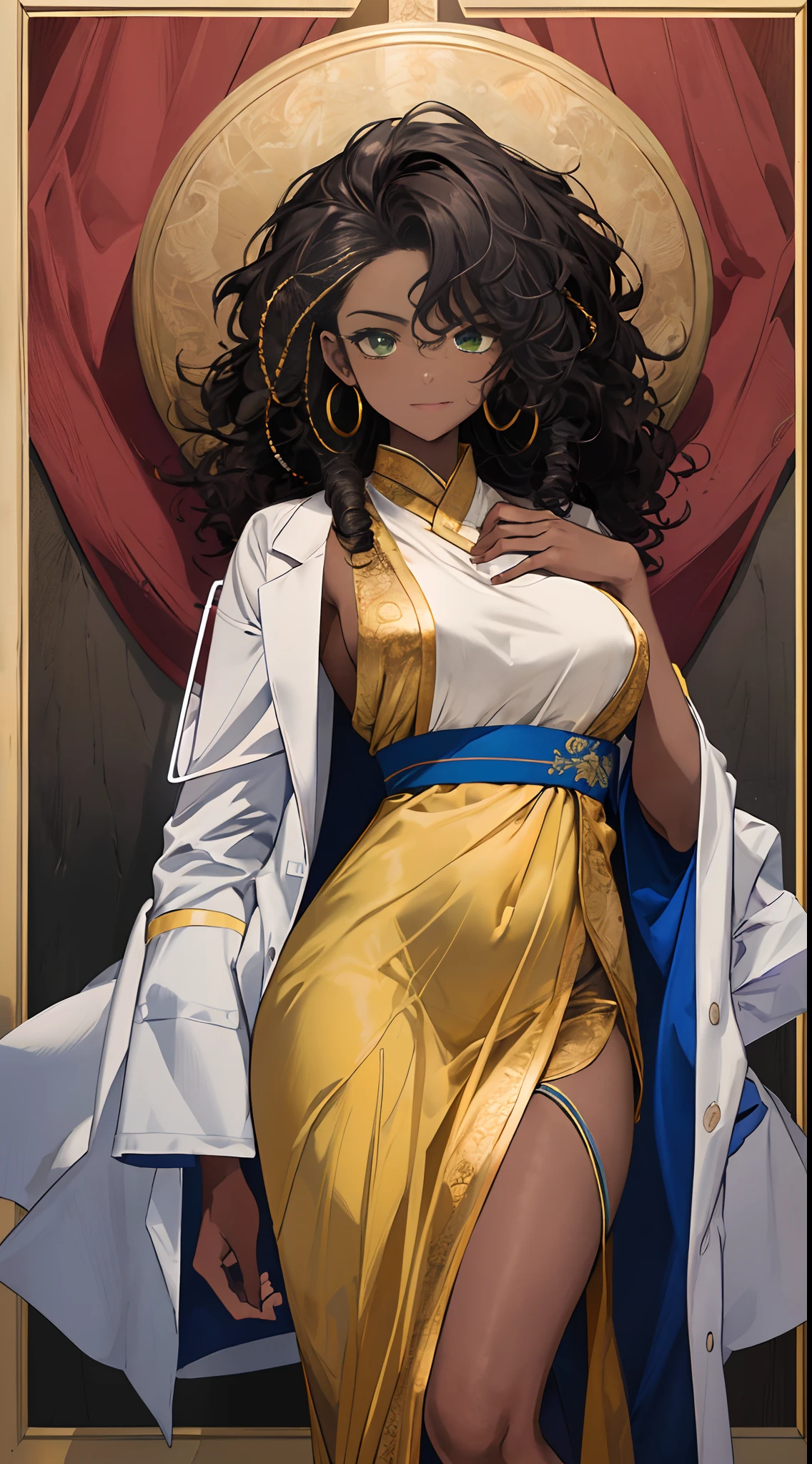 ((Masterpiece, hiquality, absurdress) 1Woman, black hair, curly hair, Afro-curly hair, Green eyes, a perfect face, the perfect body, big breastes, short stature, very dark skin, Hindu woman, 独奏, ((Best Quality)), ((Masterpiece)), (Detailed:1.4), Detailed eyes and face, white robe, Medical Uniform, Doctor's costume, medical doctor, hospital,  Emergency Physician
