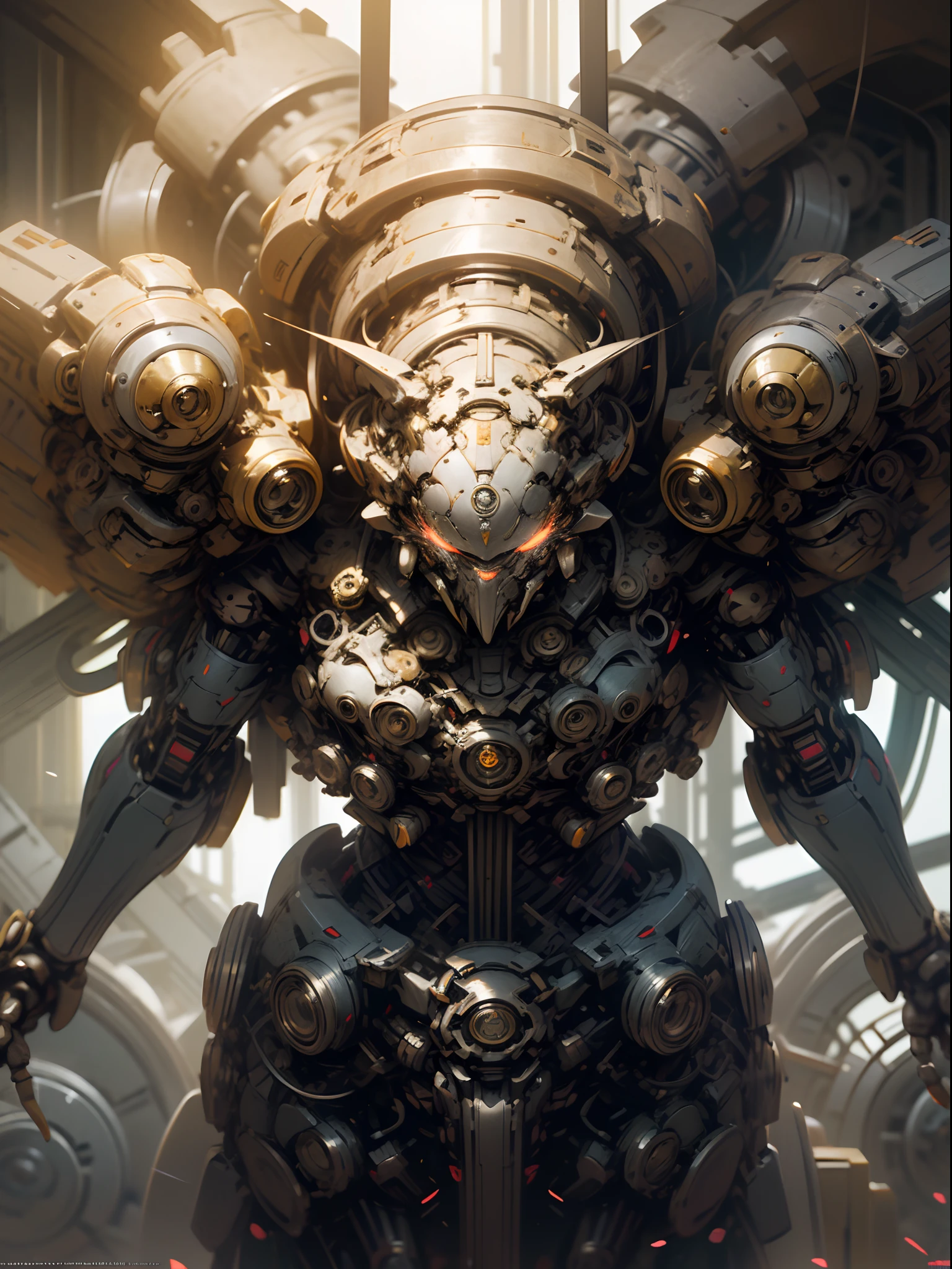 Mechanical steampunk-style mecha girl, made from mechanical parts, (mecha body), (mecha limbs), ((detailed face)),  ((looking at camera)), gears and cogs, insane detail, ((dynamic pose)), cinematic lighting, steampunk background.