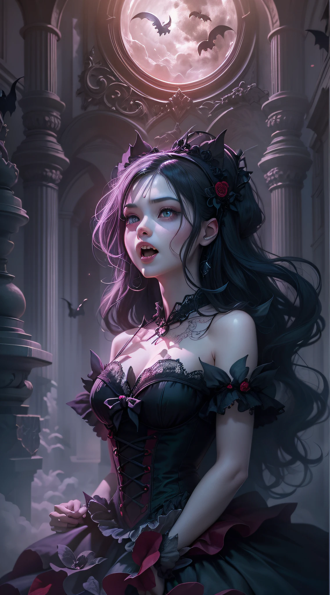 A digital art composition blending elements of realism and fantasy, depicting a Vampire Gothic ta in a dreamy Gothic castle, her fangs glistening, surrounded by swirling mist and moonlight.