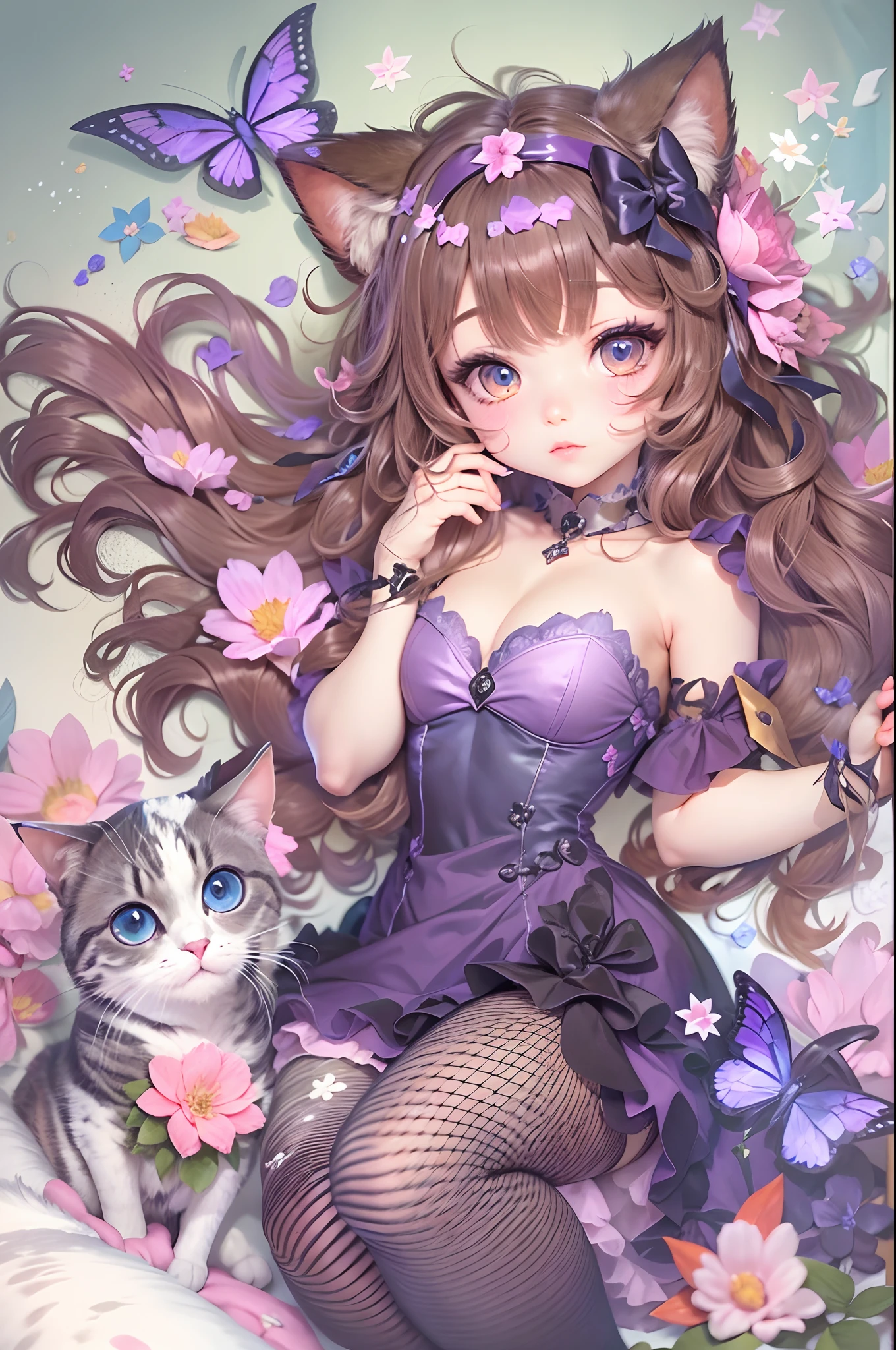 1girl in, Naked, Animal ears, Purple eyes, Brown hair, Wings, Solo, Long hair, blush, Cat ears, Flowers, Looking at Viewer, Braids, the bow, slutty dress, pink flowers, the bow, Hair Accessories, Bangs, Cats, Hair Flower, Animal ear hair, Holding, Virtual Youtuber, blue bow, holding animal, catwoman, stuffed toy