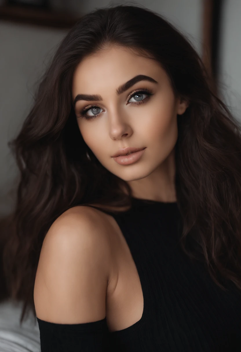 arafed woman with black sexy atractive  clothes, sexy girl with brown eyes, portrait sophie mudd, black hair and large eyes, selfie of a young woman, bedroom eyes, violet myers, without makeup, natural makeup, looking directly at the camera, face with artgram, subtle makeup, stunning full body shot, in a roof , cleavage