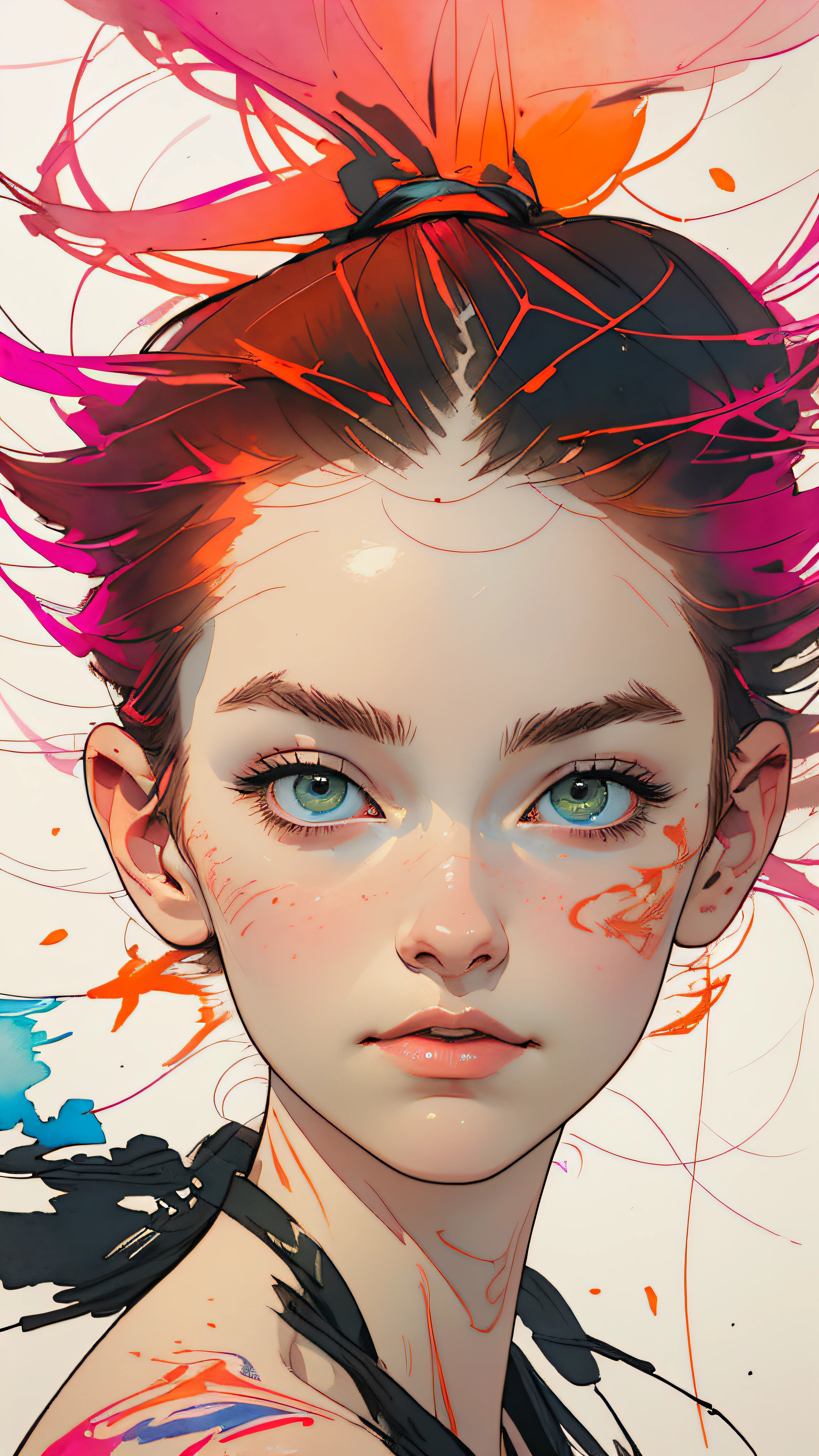 (8k, best quality, masterpiece:1.2),(best quality:1.0), (ultra highres:1.0), watercolor, a beautiful woman, shoulder, hair ribbons, by agnes cecile, half body portrait, extremely luminous bright design, pastel colors, (ink:1.3), autumn lights