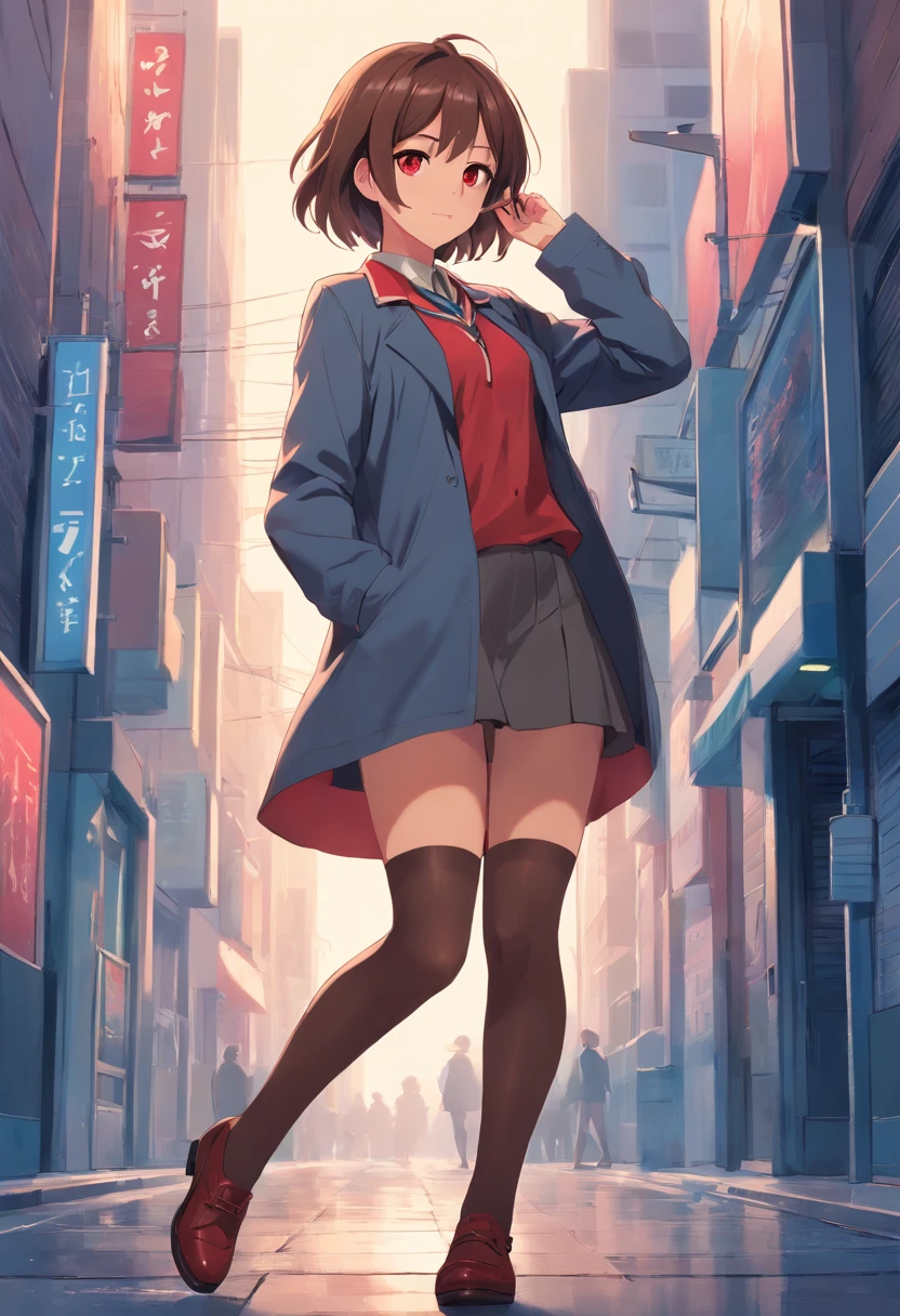 cute girly,Brown hair long,red color eyes,Dark gray jacket,Beige shirt,Blue strap dress,Black stockings,Business black leather shoes