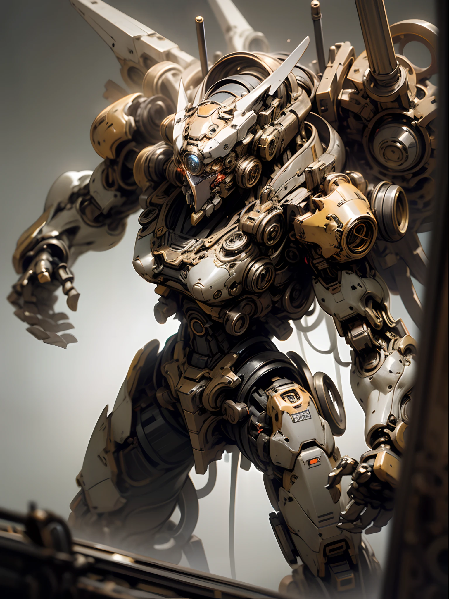 Mechanical steampunk mecha girl, made from mechanical parts, (mecha body), (mecha limbs), gears and cogs, insane detail,( dynamic pose), cinematic lighting, steampunk background.