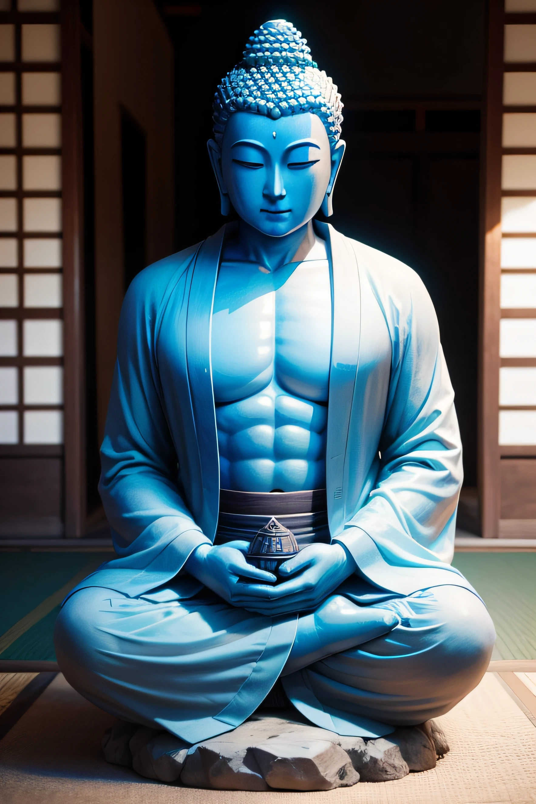 There is a blue Buddha statue of a man in a kimono facing the front Buddha, the buddha, buddhism, beautiful image,