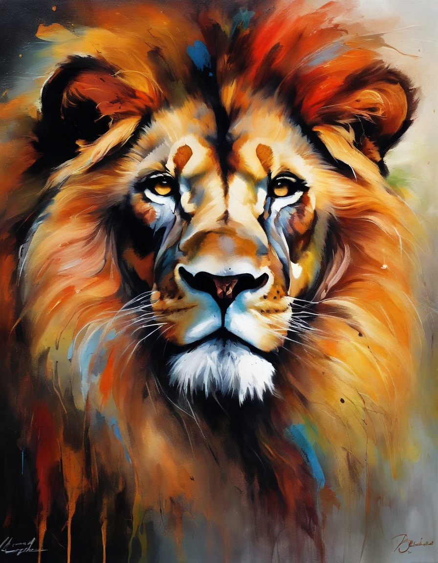 colores vibrantes, dramatic illumination, pelo detallado y textura del pelaje, Intense look in the lion's eyes, Attention to muscles and realistic facial expression, detalle extremo en el hocico y los colmillos, impresionante manejo de sombras y luces, Mysterious and atmospheric atmosphere, escala de grises sutiles en el fondo, estilo de arte impactante y llamativo, detalle meticuloso en los paisajes circundantes, Warm colors juxtaposed with cool tones, Dynamic perspective to convey the majesty of the lion.