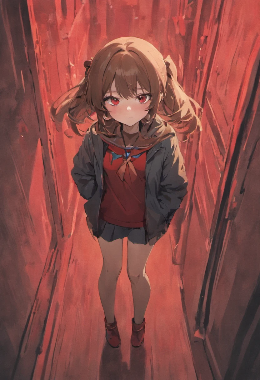 cute girly,Long brown hair,red color eyes,Dark gray jacket,Beige shirt,Blue strap dress,Black stockings,Business black leather shoes