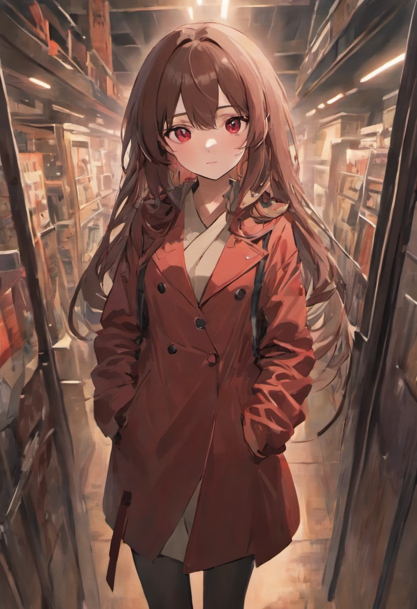 cute girly，Long brown hair，red color eyes，Dark gray jacket，Beige shirt，Blue strap dress，Black stockings，Business black leather shoes