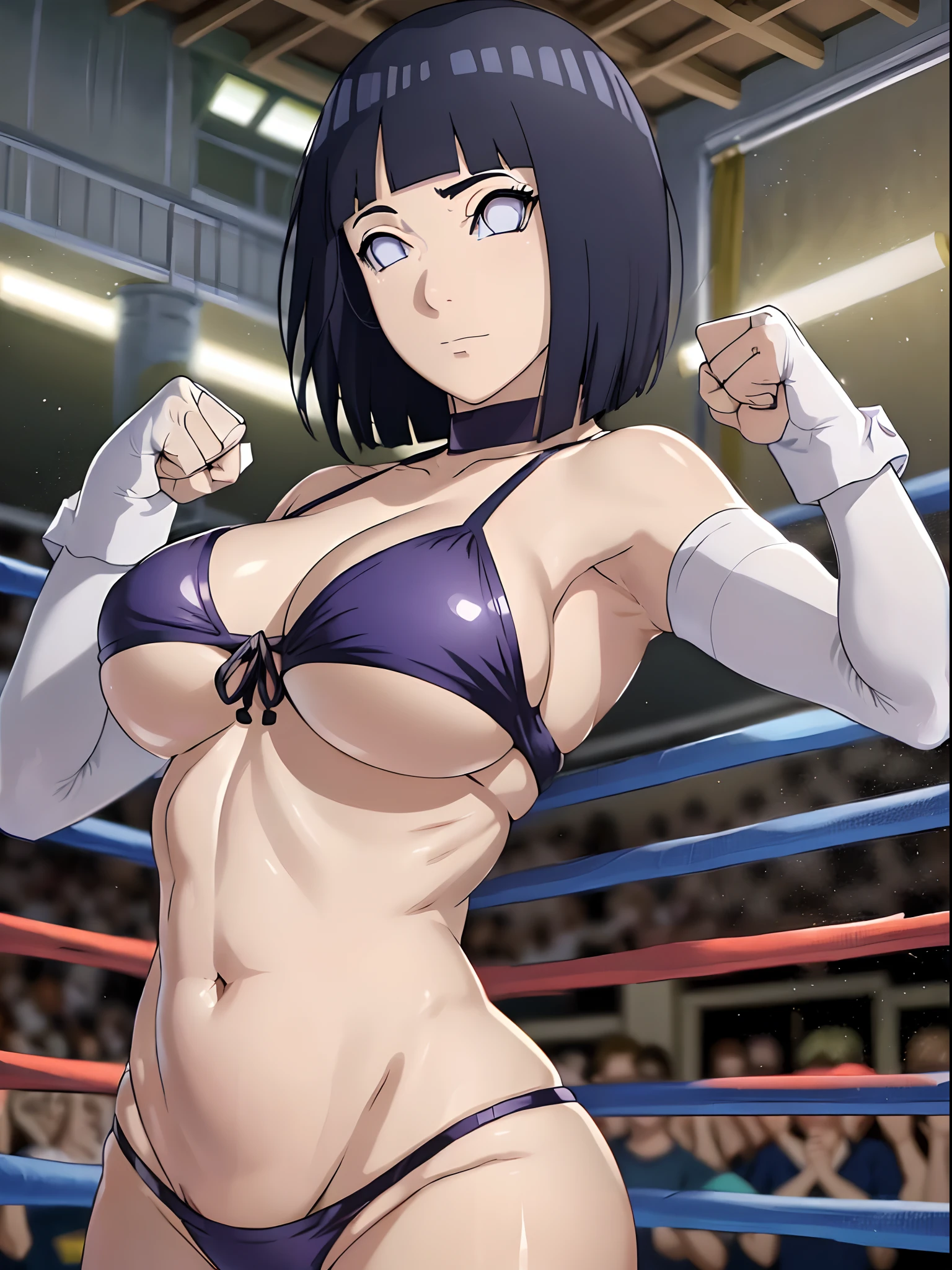 (ultra detailed body, ultra detailed face), ((solo)), anime style, hires, ((pro wrestling arena, pro wrestling match, crowd watching)), (hinata\(boruto\), (female wrestler), (slender body, broad shoulders, shaved armpit), mature woman, milf, (black , ultra detailed pro wrestling gear, armbands), victorious, gorgeous, winner, confident face, closed mouth, (pale skin, shiny skin, lighting and shadow), (dark blue hair color:1.1), wavy hair, ((short hair, hime cut, floating hair), , ((warming up)), (long belly), (closed fists), , (perfect eyes, white sciera, bright eyes, white eyes, anime eyes, looking at the viewer)