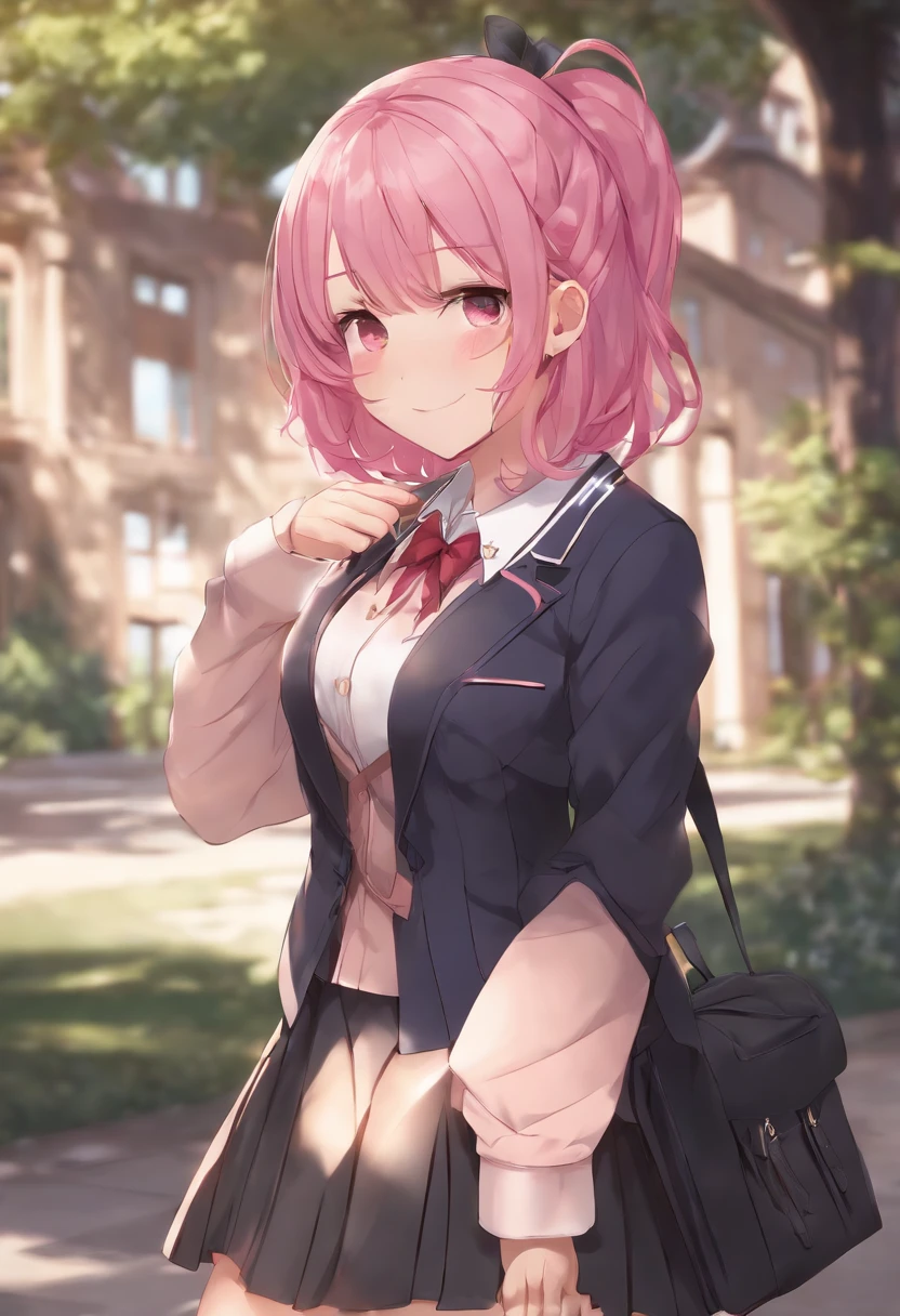 1girl, gigantic breasts, school uniform, blazer, pleated skirt, pink hair, ahoge, smiling,