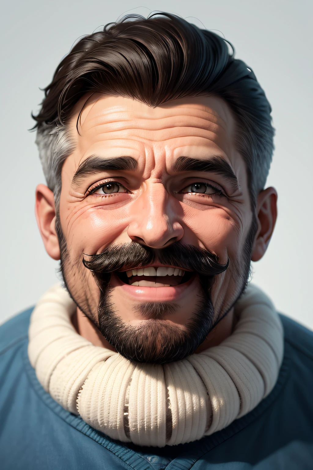 Homem com bigode com 50 anos boca aberta e olhos aregalados susto ideia felicidade feliz homem apontando pra cima o polegar pra cima ideia