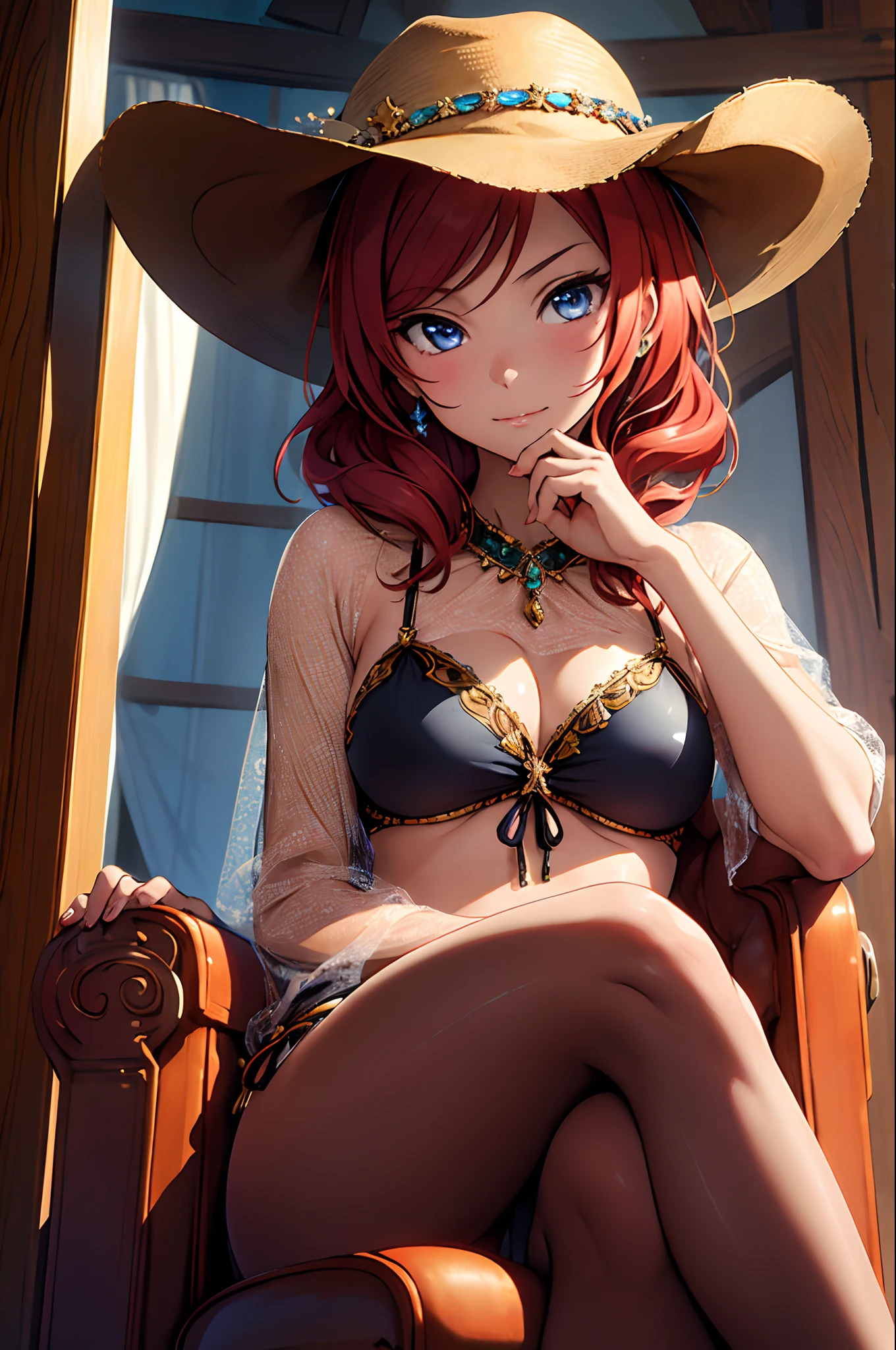 (masterpiece, best quality:1.2), cowboy shot, solo, 1girl, nishikino maki, sitting on throne, crossed legs,hand on cheek, expressionless, closed mouth, looking at viewer, hat, arabian clothes, see-through, bikini, jewelry