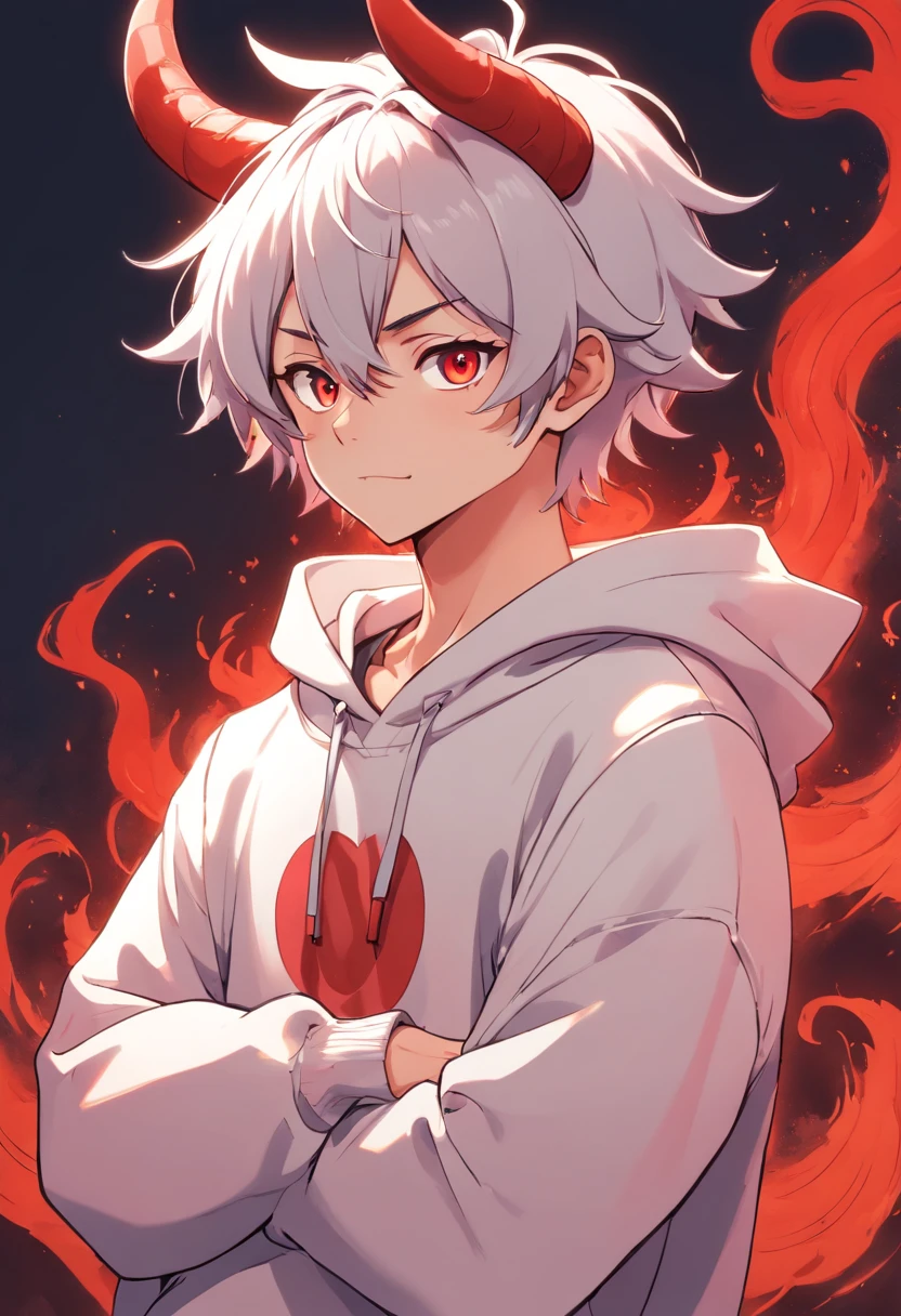 Personaje de anime con cuernos y una sudadera con capucha apuntando a algo, Demonio masculino en forma con cuernos blancos, with index finger, demon white horns, Demonio masculino humano, Chico demonio, pose amenazante, Personaje de anime, Pose de enojo aterradora, handsome japanese demon boy, Anime estilo 3D, Personaje de estilo anime, Modelo de YouTuber virtual live2d, Personaje masculino de anime, highly detailed character