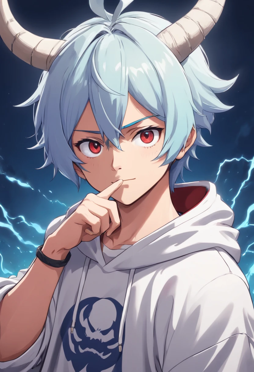 Personaje de anime con cuernos y una sudadera con capucha apuntando a algo, Demonio masculino en forma con cuernos blancos, with index finger, demon white horns, Demonio masculino humano, Chico demonio, pose amenazante, Personaje de anime, Pose de enojo aterradora, handsome japanese demon boy, Anime estilo 3D, Personaje de estilo anime, Modelo de YouTuber virtual live2d, Personaje masculino de anime, highly detailed character