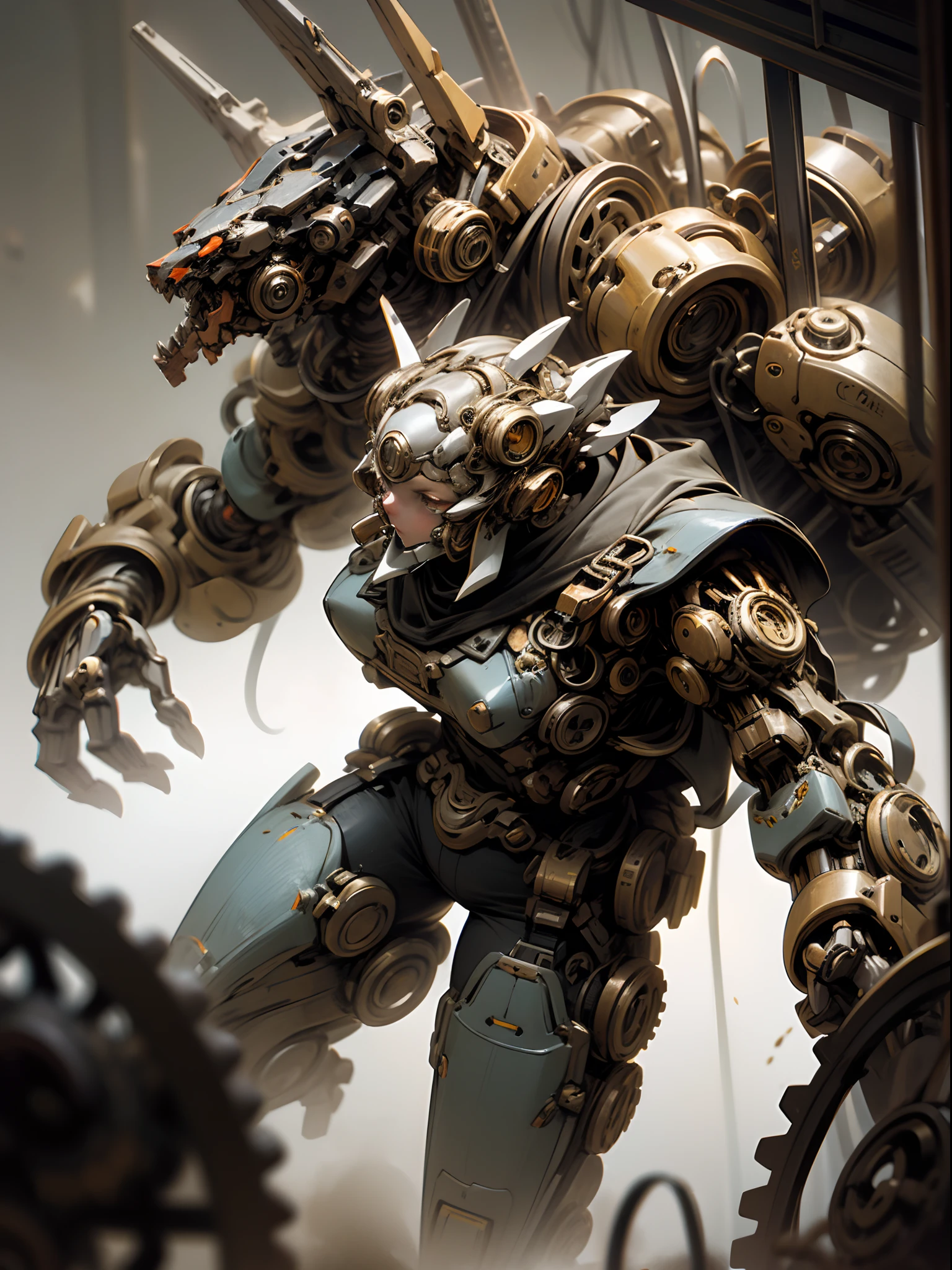 Mechanical steampunk mecha girl, made from mechanical parts, (mecha body), (mecha limbs), gears and cogs, insane detail,( dynamic pose), cinematic lighting, steampunk background.