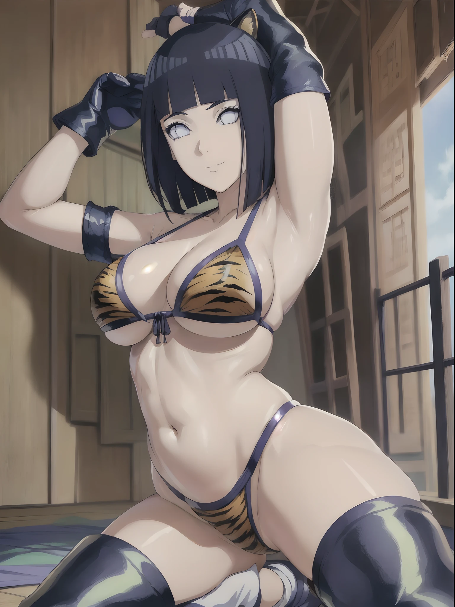 (4k, no angle view, portrait, best quality, cowboy shot), (ultra detailed body, curvy), ((solo, 1 girl)), anime style, hires, ((white background)), (hinata\(boruto\), (female wrestler), (slender body, broad shoulders), (mature woman, milf), (tigress, micro bikini, ultra detailed pro wrestling gear, long gloves, long boots), (extremely gorgeous), (tilt head, seductive look, ((seductive pose, armpit, stretching)), seductive face, seductive expression, (sexy expression), smile, closed mouth), (pale skin, shiny skin, lighting and shadow), (dark blue hair color:1.1), wavy hair, ((short hair, hime cut), big breasts, ((detailed arm curves)), (long belly), (very seductive), (perfect eyes, anime eyes)