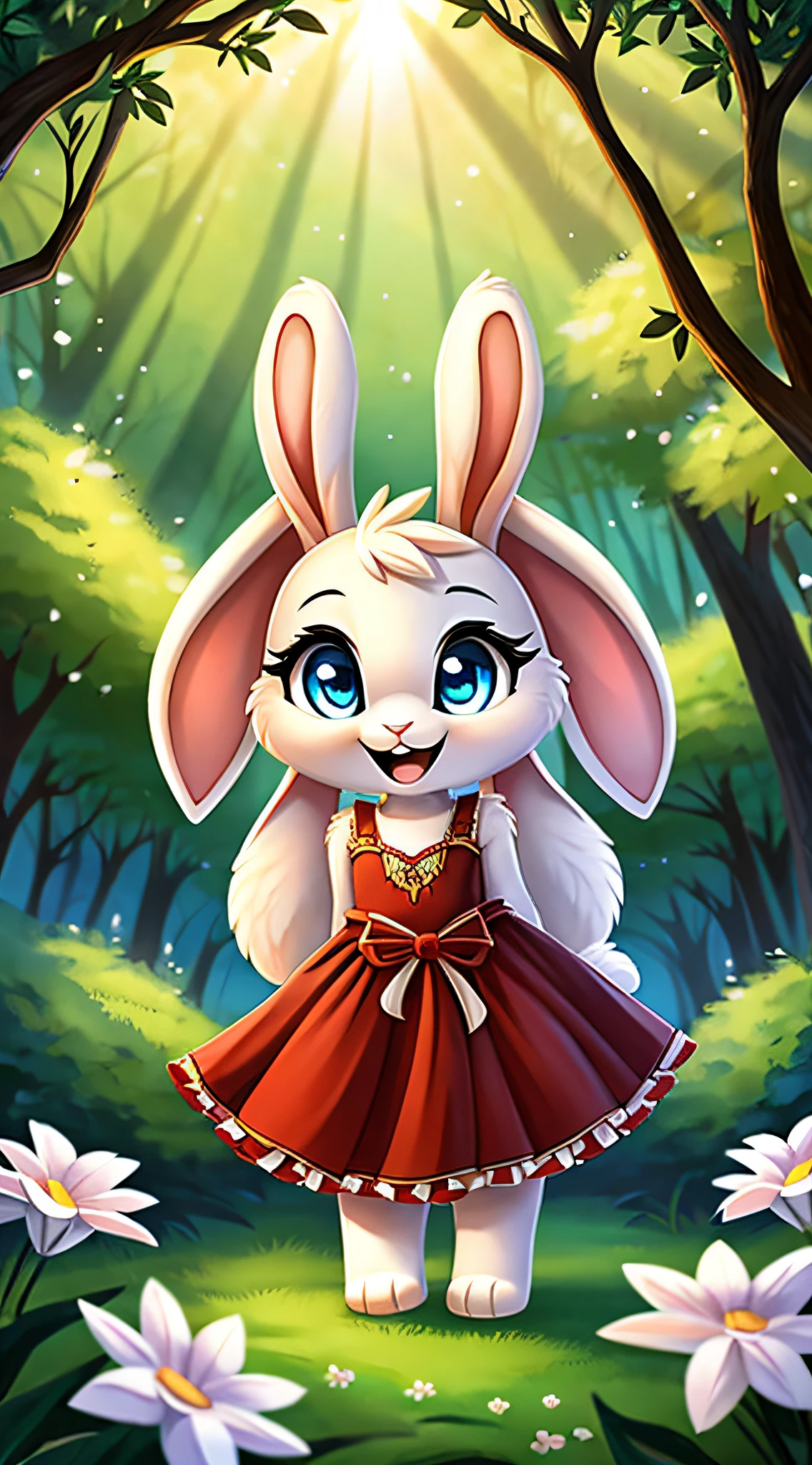 zoomed out image, fantasy style art, cute, adorable, short character, small, tiny little fluffy female white bunny with blue eyes, 4 ears, 2 extra ears, big floppy ears, long ears, ears perked up, raised ears, long eyelashes, poofy rabbit tail, wearing a red frilly ribbon dress, smiling, standing in a forest, big expressive smile, open mouth, wide eyes, excited eyes, excited face, stunning visuals, sunlight coming through the trees, white flowers scattered in the bushes, digital illustration