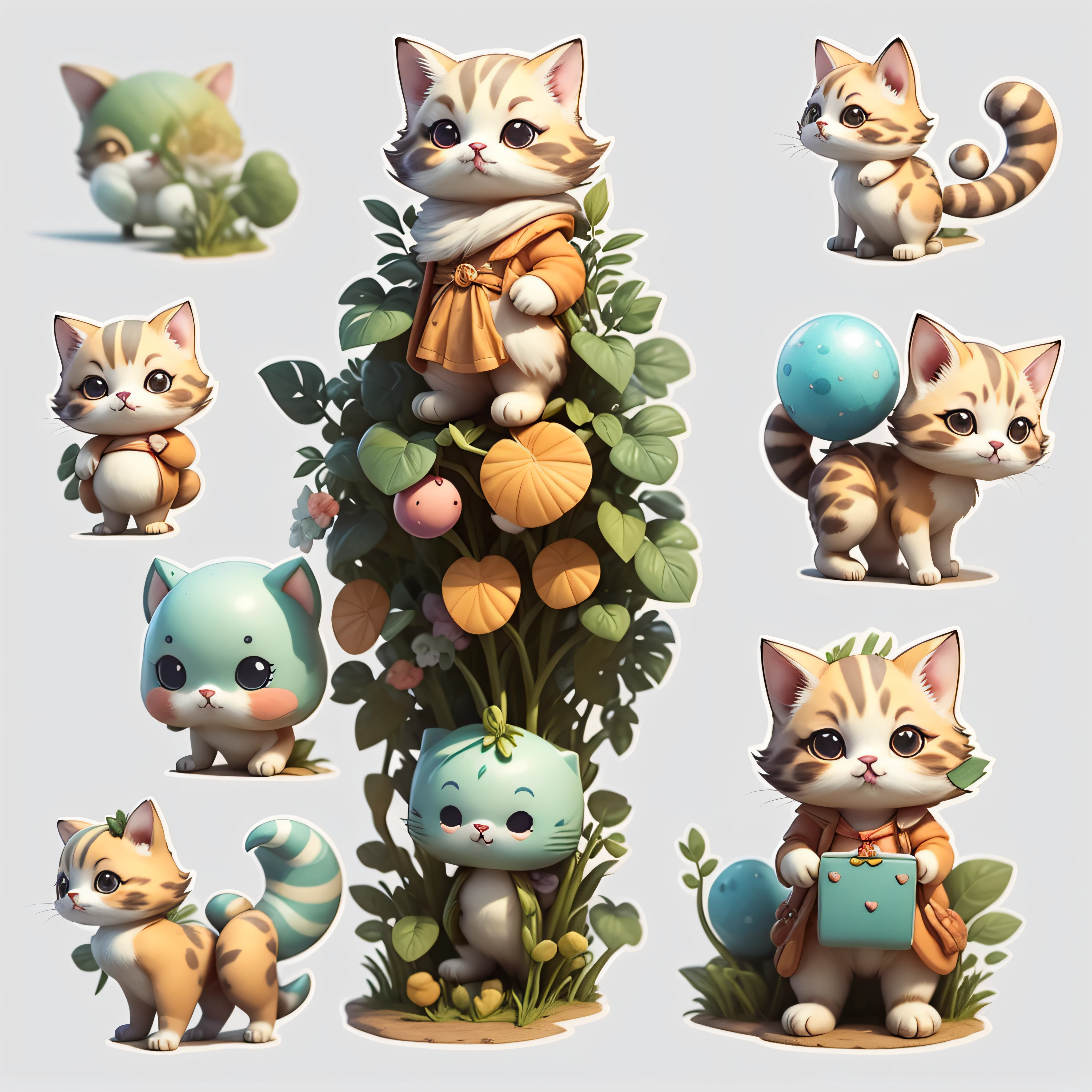 "Imaginative concept art of a cute creature inspired by Lora, with the appearance of a cat and dressed as a teacher. (CuteCreatures tag weighted at 0.9)", clipart, 5 in one, white background,
