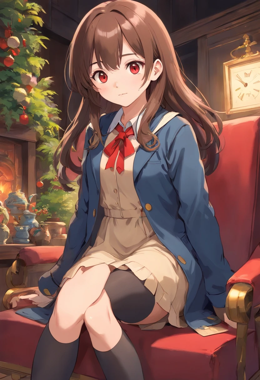 cute girly,brown hair,long whitr hair,red color eyes,Dark gray jacket,Beige shirt,Blue strap dress,Black stockings