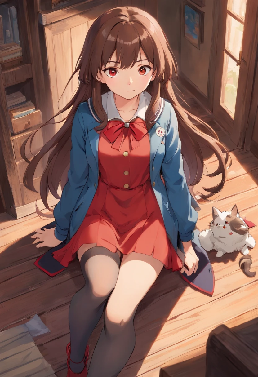 cute girly,brown hair,long whitr hair,red color eyes,Dark gray jacket,Beige shirt,Blue strap dress,Black stockings