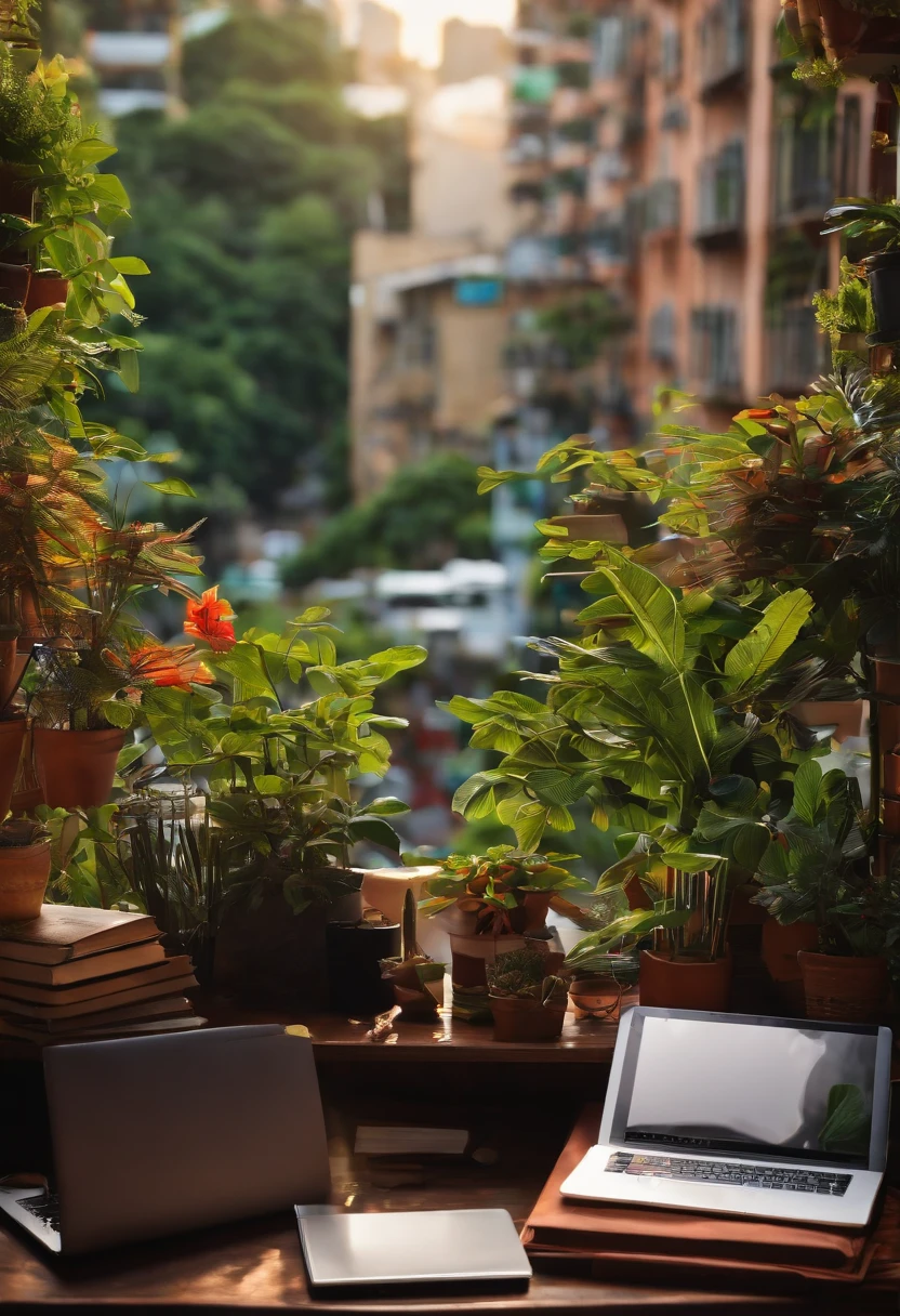 uma mesa de artista com plantas, livros, papel, laptop, prateleira, ceroulas, overlooking a green urban setting