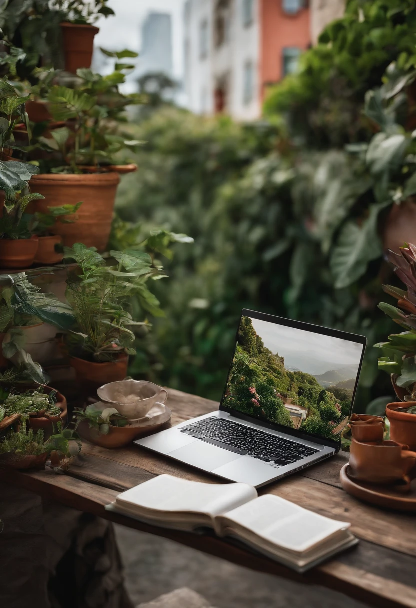 uma mesa de artista com plantas, livros, papel, laptop, prateleira, ceroulas, overlooking a green urban setting